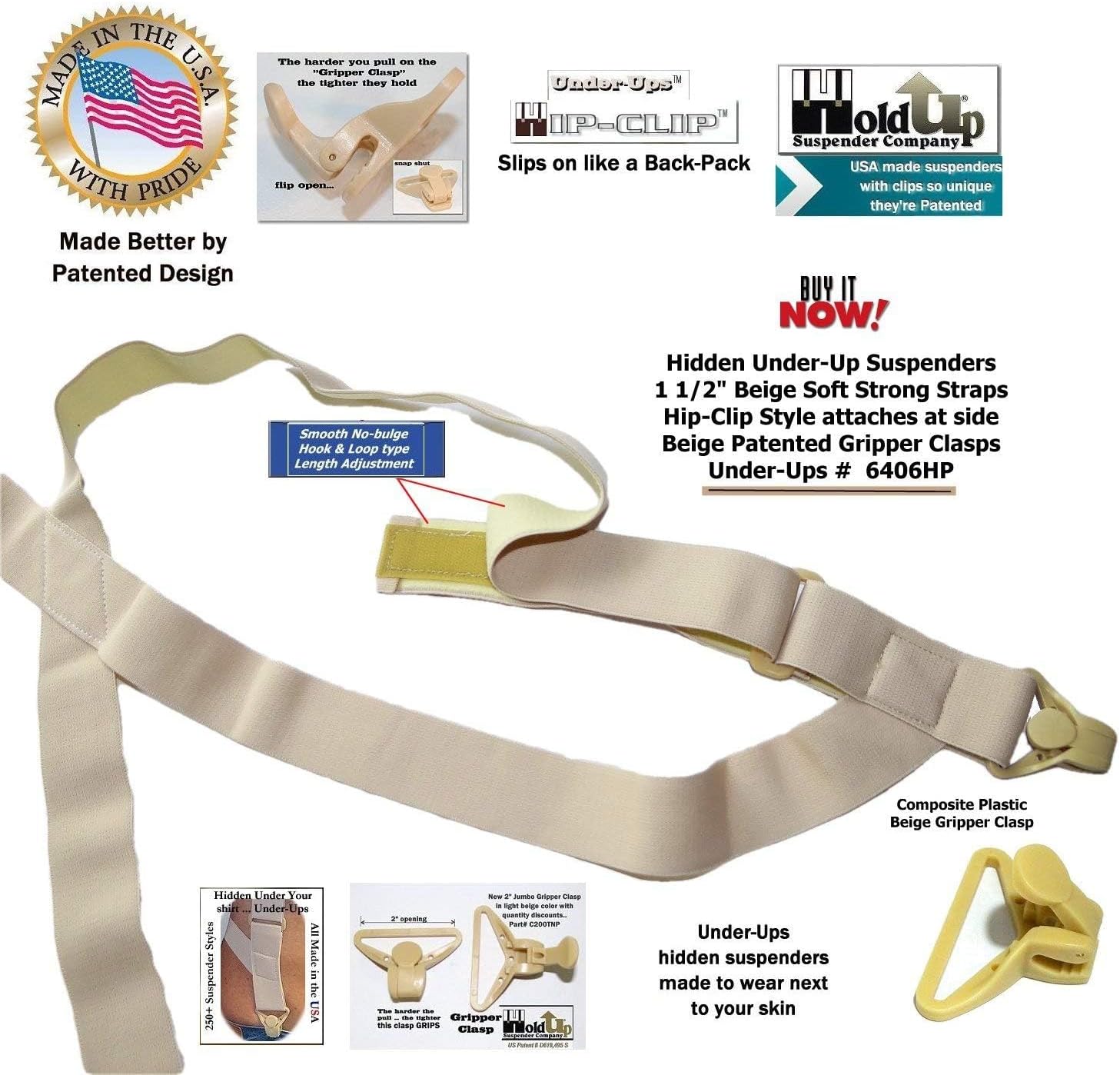 Holdup Hip-Clip Style Under-Ups Suspenders for Men with the Patented Composite Plastic Gripper Clasps or No-slip metal clips - Image 10