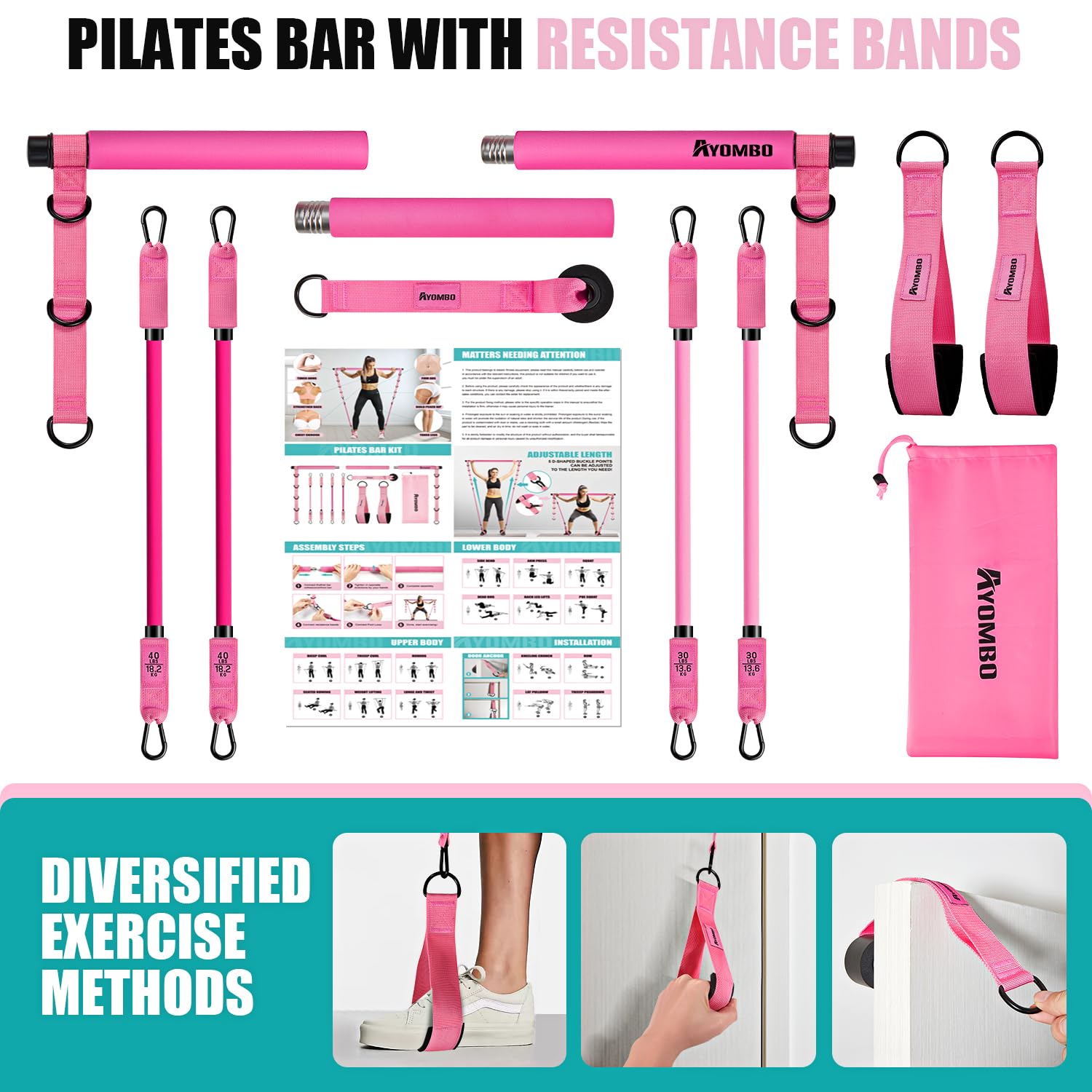 Ayombo Pilates-Bar-Set mit Widerstandsbändern, Pilates-Trainingsgerät für Beine, Hüfte, Taille, Arm, Kniebeugen-Trainingsgerät für Heimtraining, verstellbares 3-teiliges Pilates-Bar-Set für Damen und