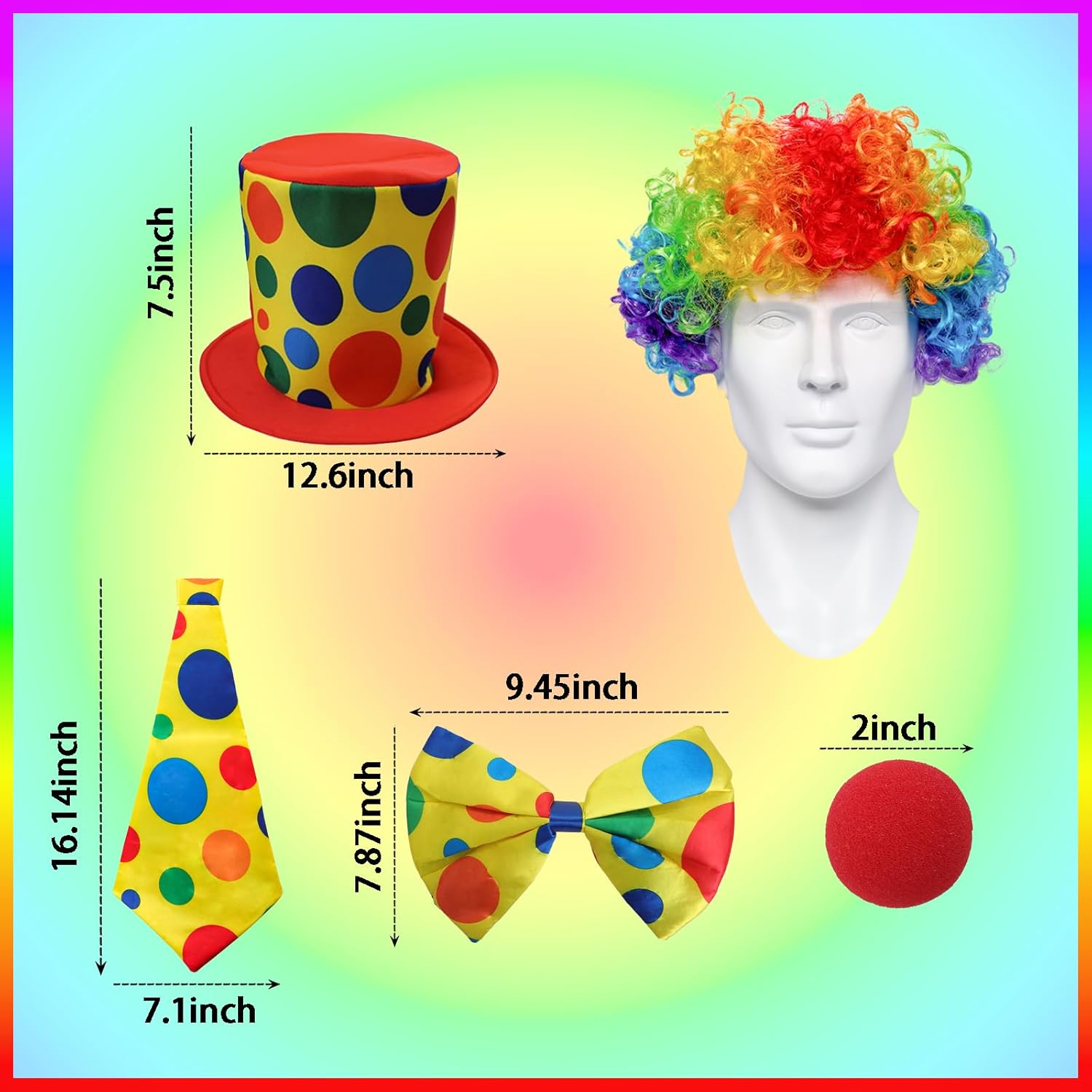 6Pcs Funny Clown Accessories Set - Rainbow Clown Costume for Men & Women - Circus, Halloween, Carnival Parties - Image 2