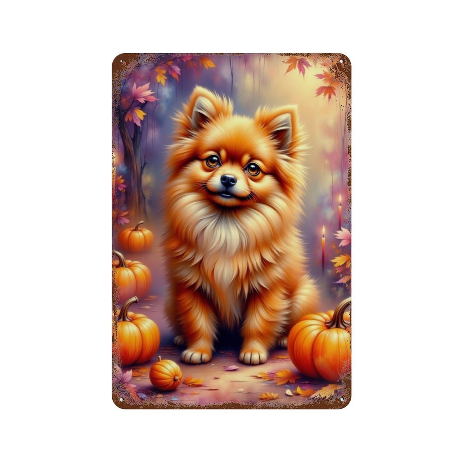 Autumn Pomeranian with Pumpkins 11.8"x7.9" Decorative Tin Sign, Retro Wall Decor for Garage, Bar And Workshop Decor