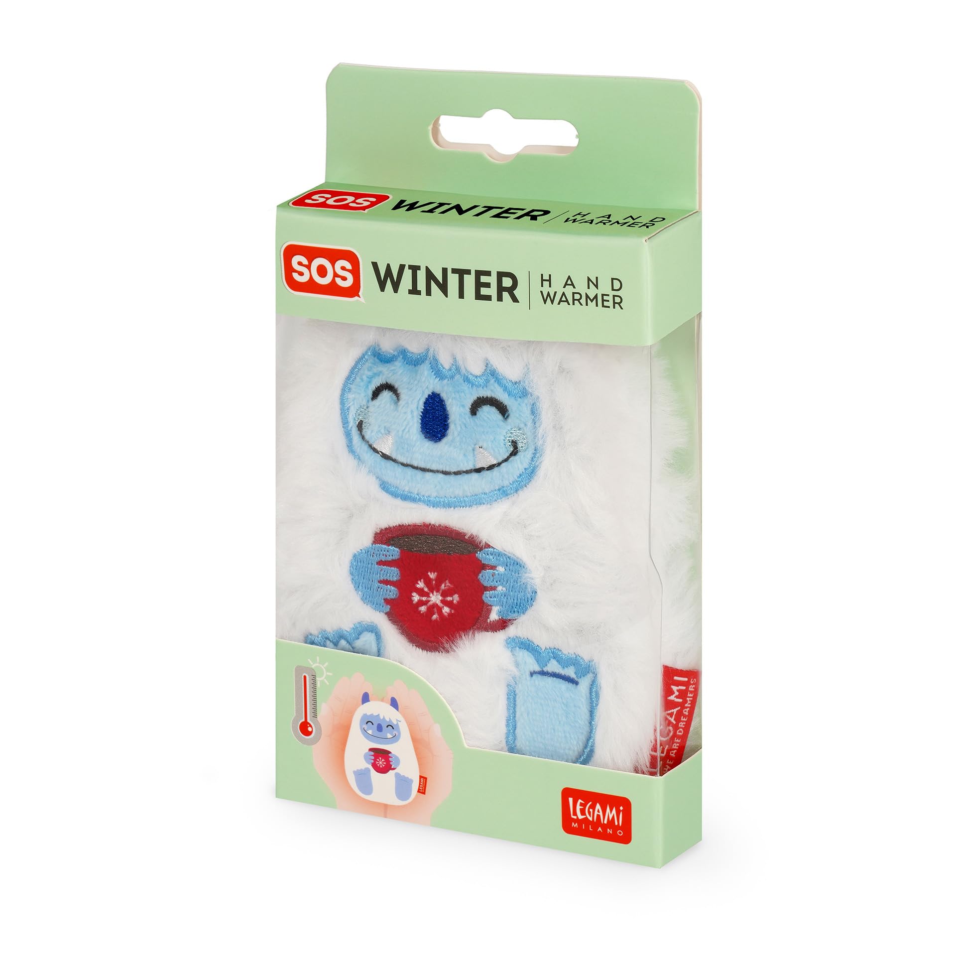 Legami - Sos Winter, ogrzewacz do rąk, poliester, PE, motyw Yeti, odpowiedni do zimnych dłoni, do aktywacji, naciśnij metalową płytkę, czas trwania 30 minut, wielokrotnego użytku, 8 x 10 cm