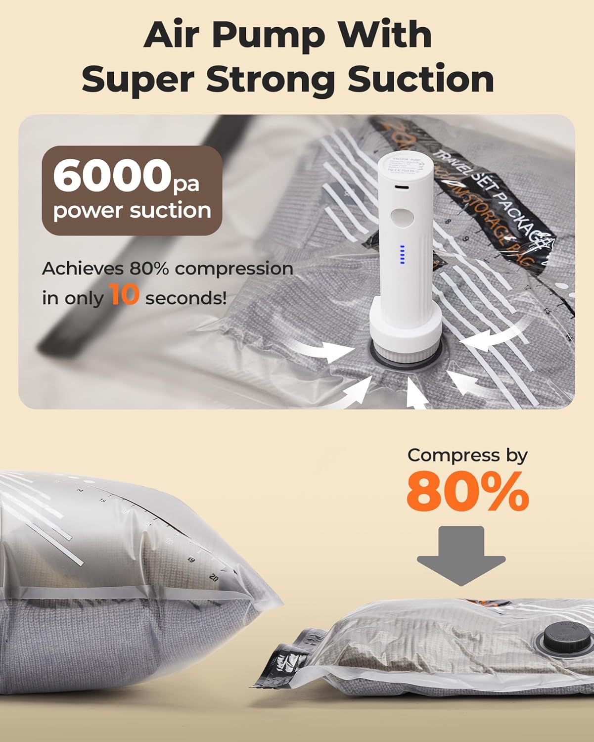 BAGSMART Rechargeable Wireless Pump Travel Storage Bags Set, Portable Space Saver Bags for Travel & Home, Vacuum Compression Seal Bag for Clothing- 15 combo bags - Image 5