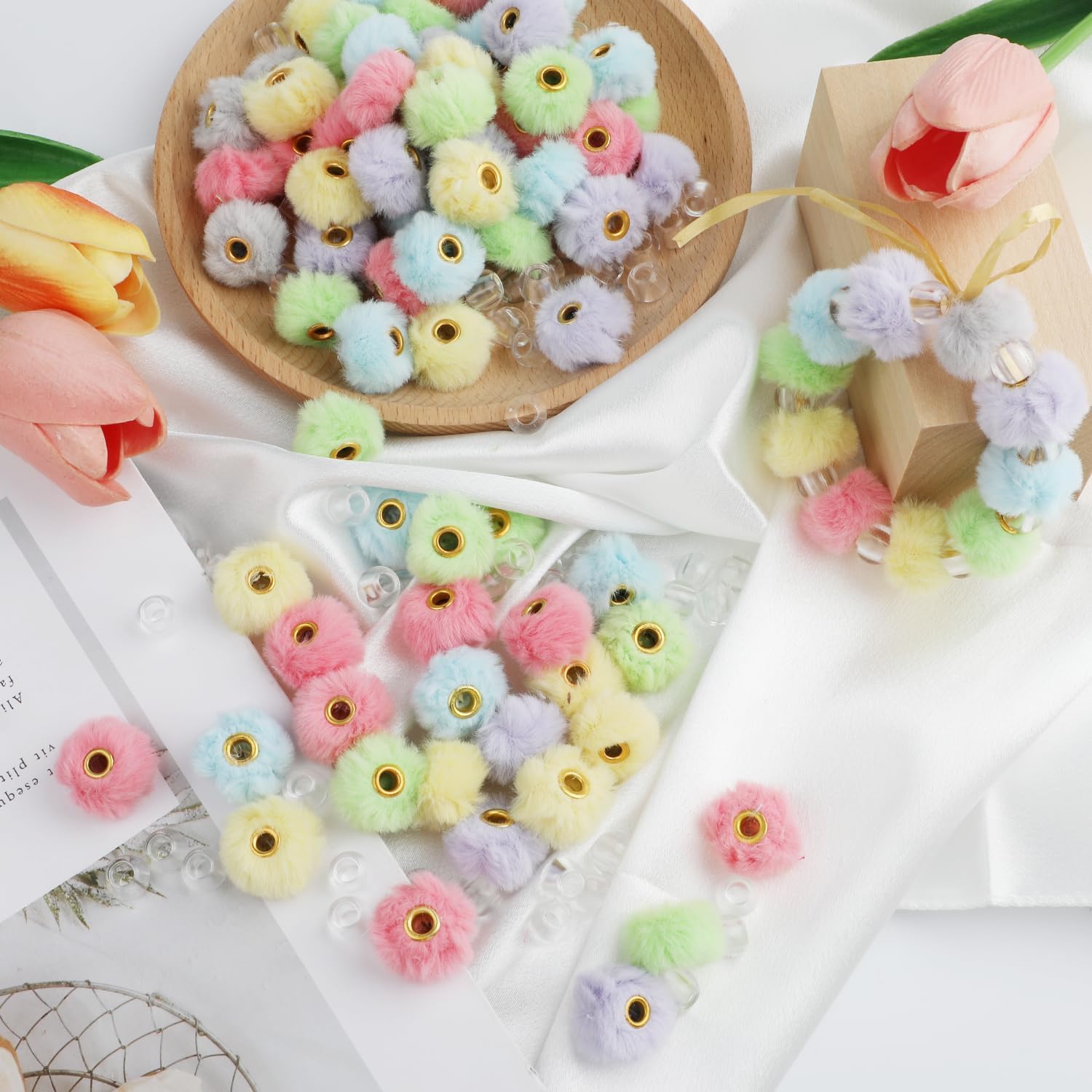 360 Pcs Colorful Fuzzy Faux Fur Pom Poms Beads, Including180 Clear Spacer Beads, Soft Fluffy DIY Craft Supplies for Jewelry, Keychains, Bracelets, Pens, Hair Accessories (6 Colors) - Image 6