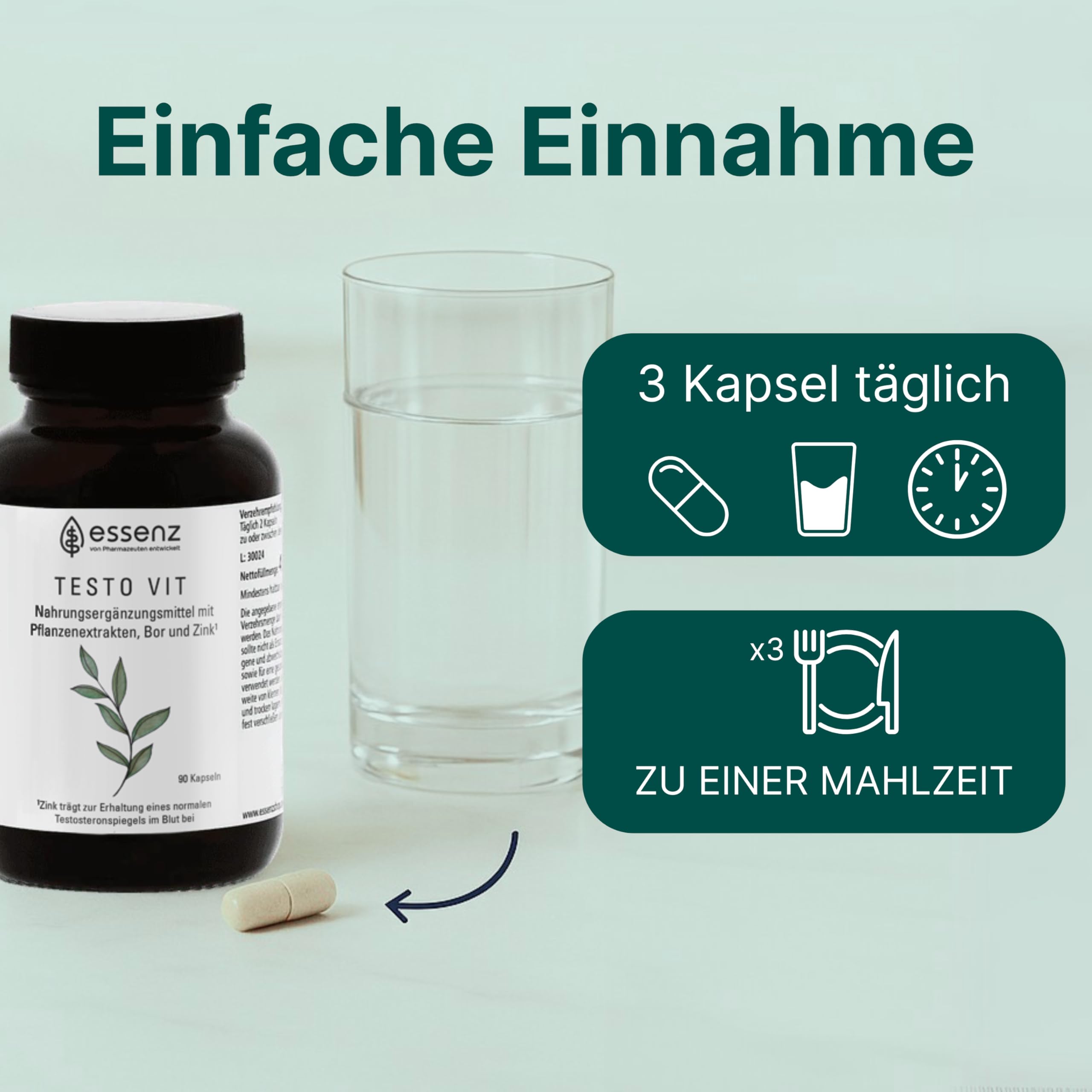 ESSENZ - Testo Vit 90 Kapseln - Natürliche Testo Vit Kapseln mit Ashwagandha-, Bockshornkleesamen- & Schwarzes Maca-Extrakt. Zur Förderung des Wohlbefindens