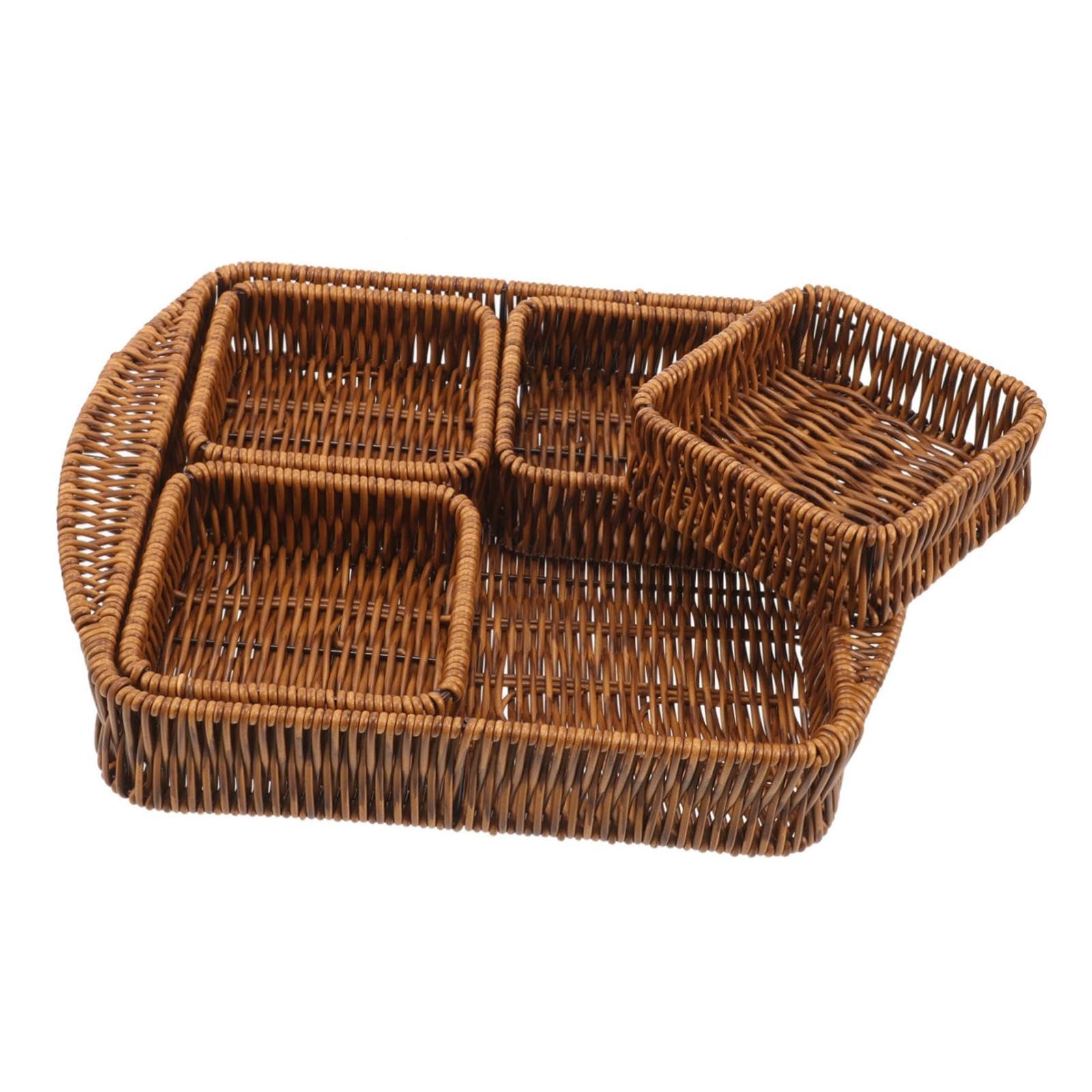 Woven Rattan Storage Basket - Small Multi-Section with Compartments, Rustic Five-Combination Desktop Organizer for Snacks/Dried Fruits/Food