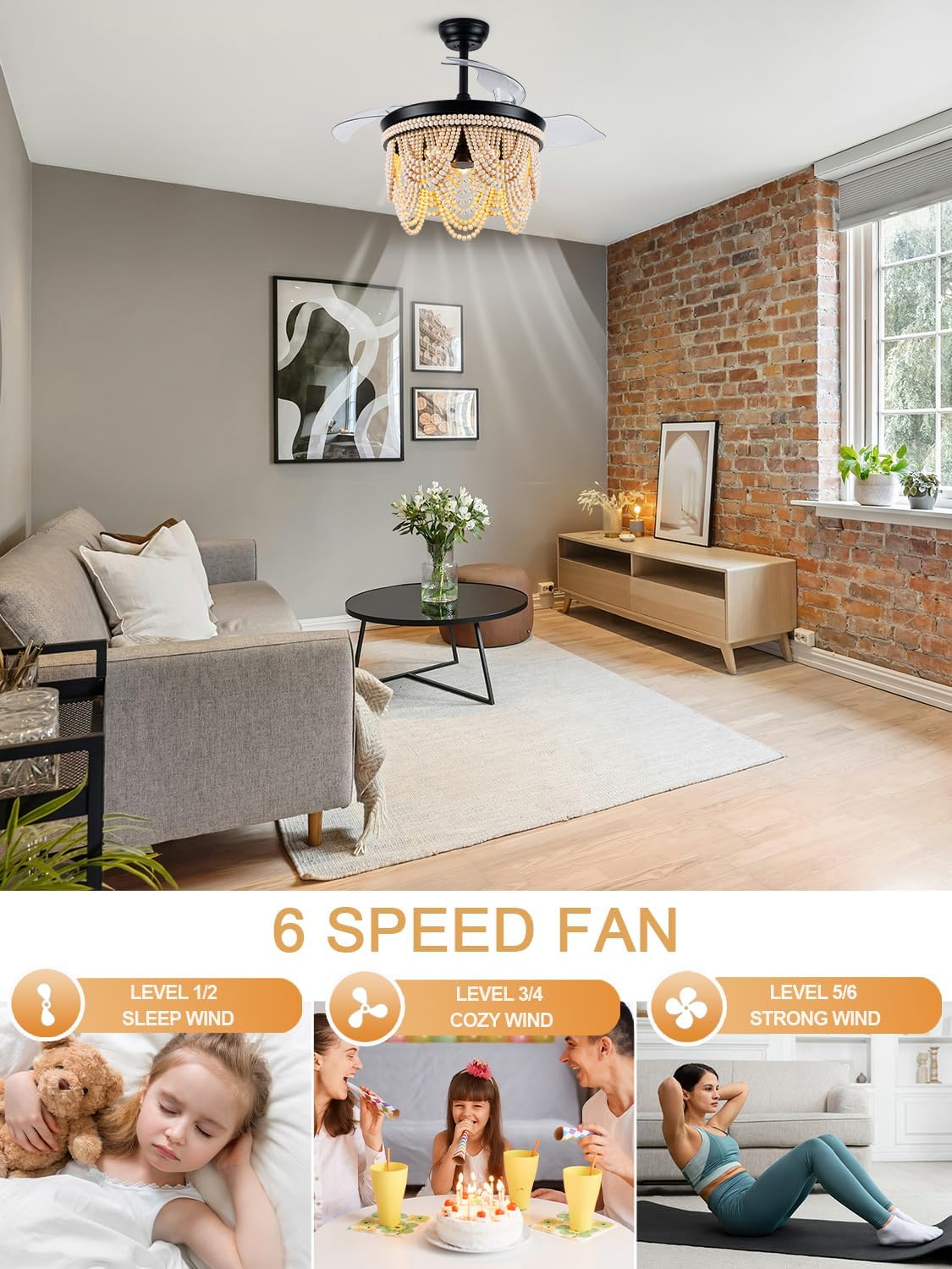 42 Inch Boho Retractable Ceiling Fan with Lights Boho Fandelier Ceiling Fan Wood Beaded Coastal Chandelier, 6 Speeds Reversible Quiet DC Motor 3 E26 for Bedroom Living Room