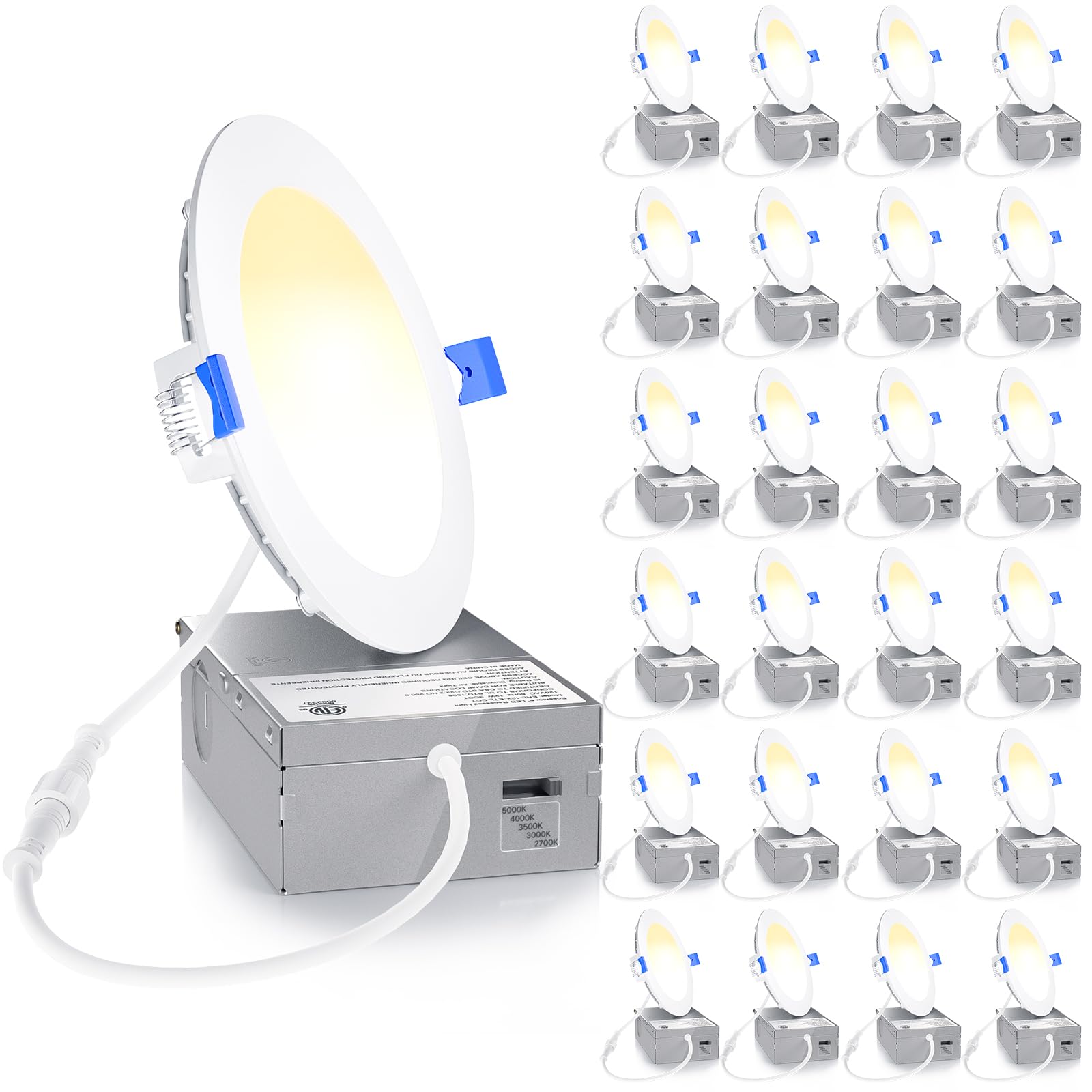 Ensenior 24 Pack 4 Inch Ultra-Thin LED Recessed Ceiling Light with Junction Box, 2700K/3000K/3500K/4000K/5000K Selectable, 9W 75W Eqv, Dimmable Can-Killer Downlight, 750LM High Brightness - ETL