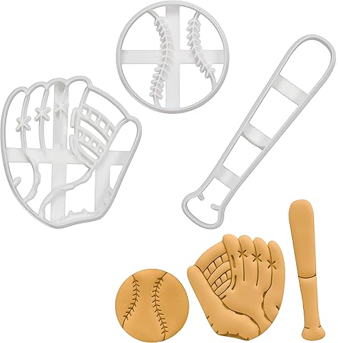 Juego de 3 cortadores de galletas de sóftbol (diseños murciélago, guante y bola), 3 piezas - Bakerlogy