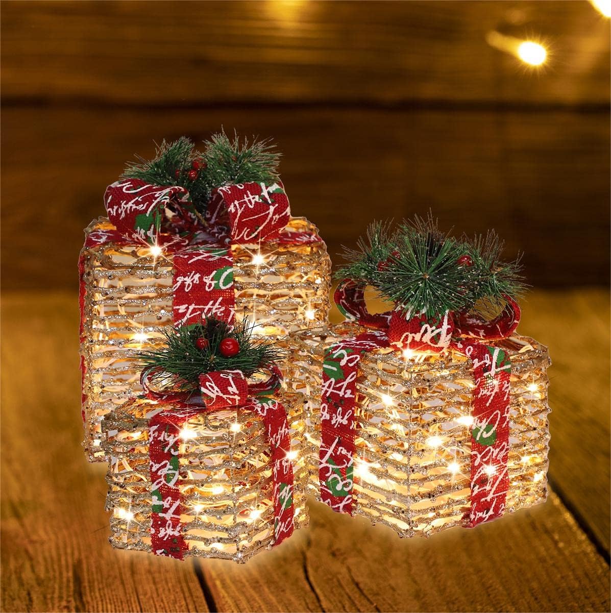 [Large 10"x8.5"x7" Christmas Set of 3 Lighted Rattan Gift Boxes Decorations Pre-lit 70 Super-Bright LED with Flashers,for Indoor Outdoor Pathway Holiday Party Home(Warm White)