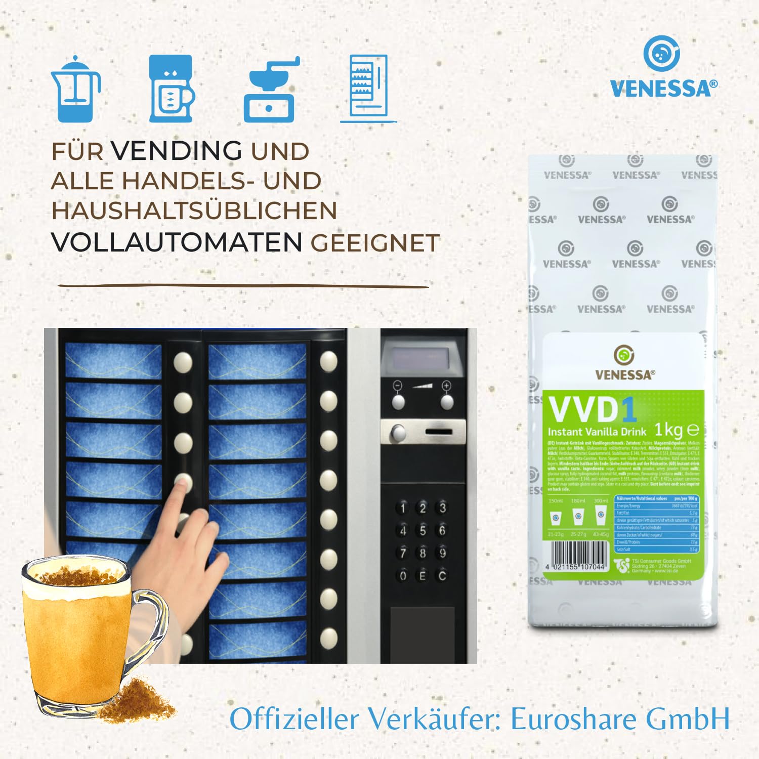 VENESSA Vanilla Drink VVD 1 Lot de 5 x 1 kg – Aromatiquement soluble, lait vanille en poudre avec note de vanille fine pour vos clients – Convient pour toutes les ventes