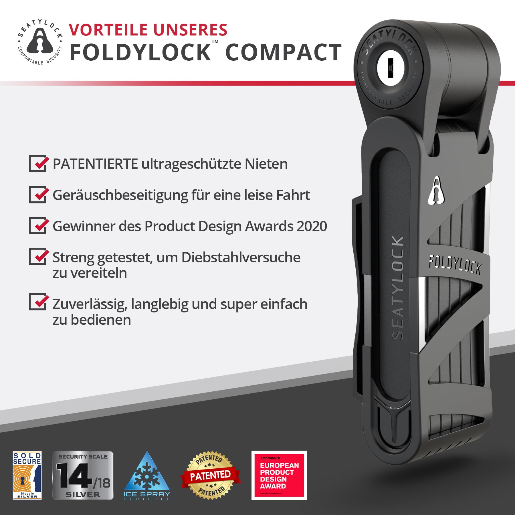 FoldyLock Compact Fahrrad Faltschloss – Patentiertes Testsieger Fahrradschloss mit Schlüssel und Halterung für Hohe Sicherheit – Leicht und Sicher für Ebike, e Scooter und Roller – 85 cm