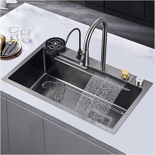 New Waterfall Kitchen Bar Sink, 304 Stainless Steel, with Cup Washer, Drop-in Or Undermount Installation (Color : Black-Grey, Size : 80x45x20cm)