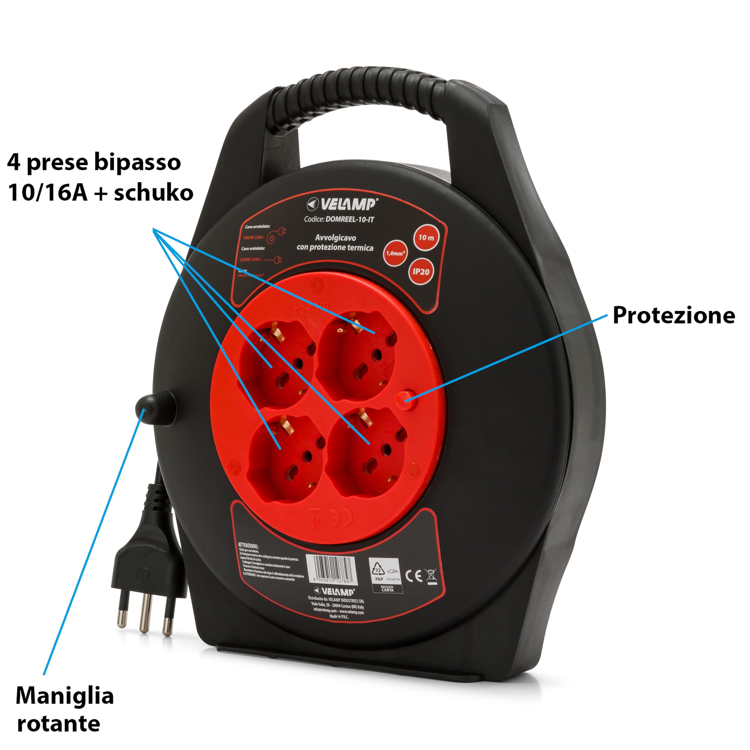 VELAMP - Prolunga Elettrica 10 Metri con Avvolgicavo Elettrico e Presa Multipla (4 Prese Schuko + 10/16A), Spina Grande 16A, Interruttore di Sicurezza – Cavo Elettrico Multipolare 3G Sezione 1,0 mm²
