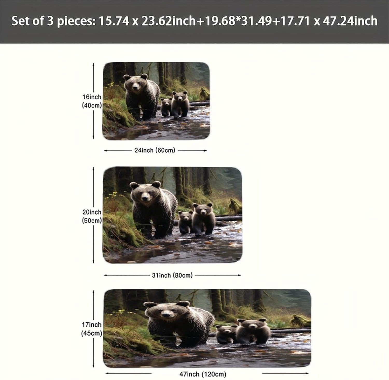 Mother Bear and Her Cubs Kitchen Mats Soft Absorbent Rugs for Floor Non Slip Washable Kitchen Mats Fashion Rectangular Rugs for Three-Piece Set for Laundry Office Home Sink