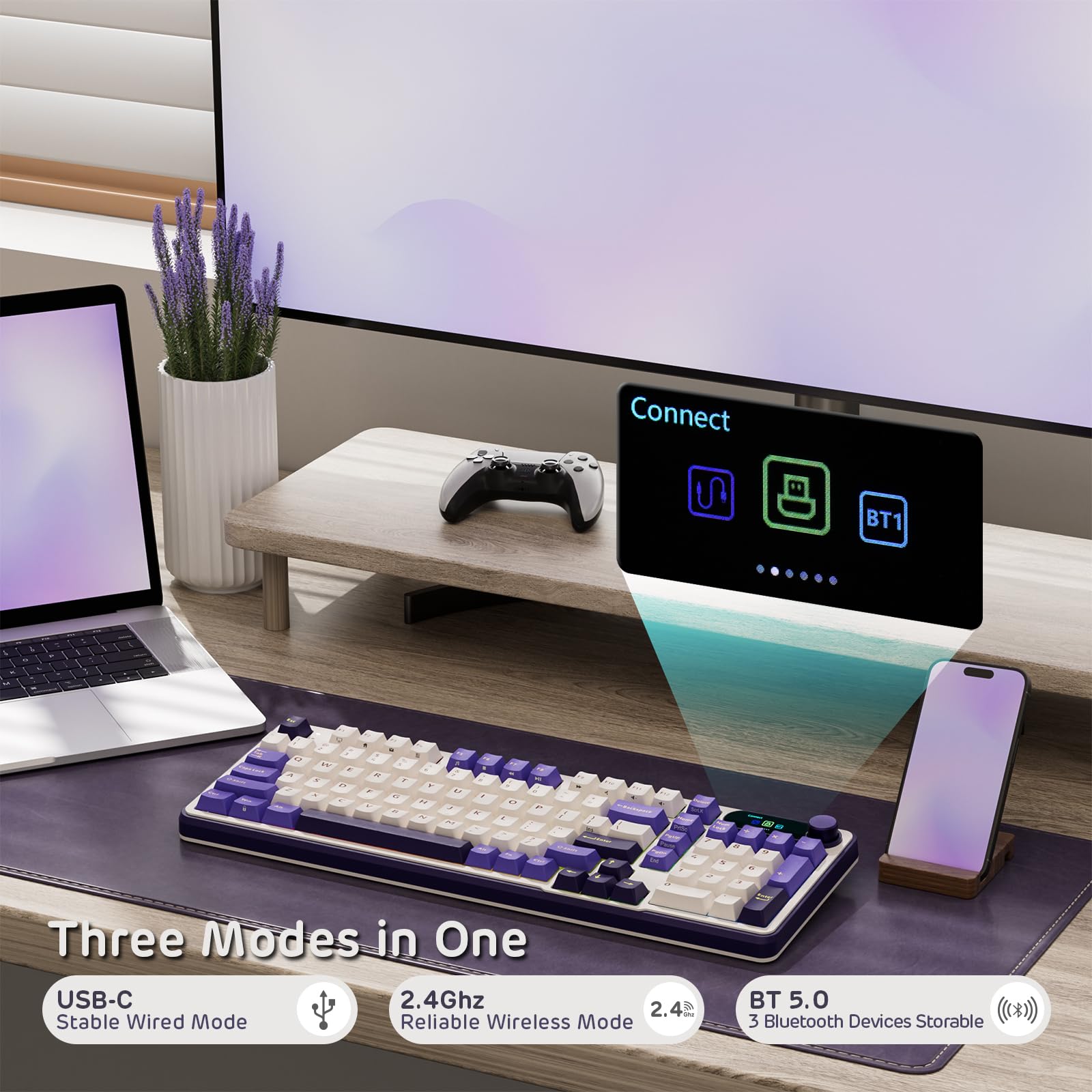 RK ROYAL KLUDGE S98 klawiatura mechaniczna wyświetlaczem Smart Display, konstrukcja typu top-mount, bezprzewodowa klawiatura BT/2,4GHz/USB-C, hot-swap, oprogramowanie, pojemny akumulator, QWERTY