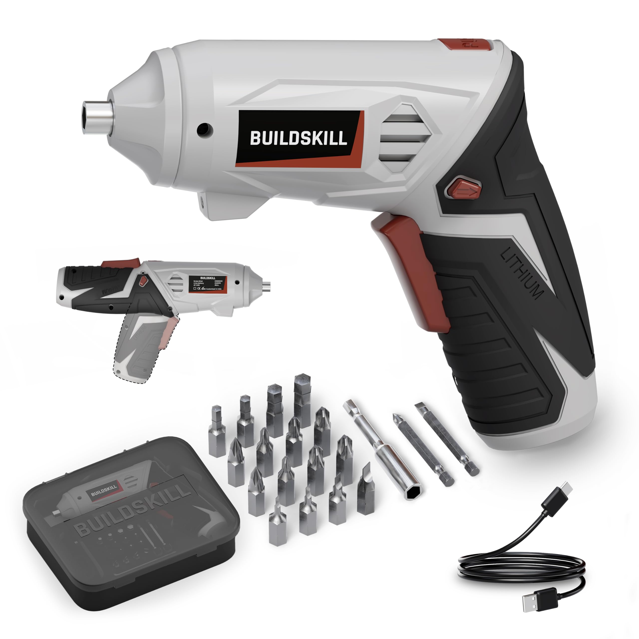 BUILDSKILL 4V Cordless Screw Driver Kit | 19 Pcs | 4 N.M. Torque | 250 RPM | Magnetic Chuck | 1.5AH Battery | Forward-Reverse | 2 position Handle Lock & LED Light | Type-C Charging cable included-image-48