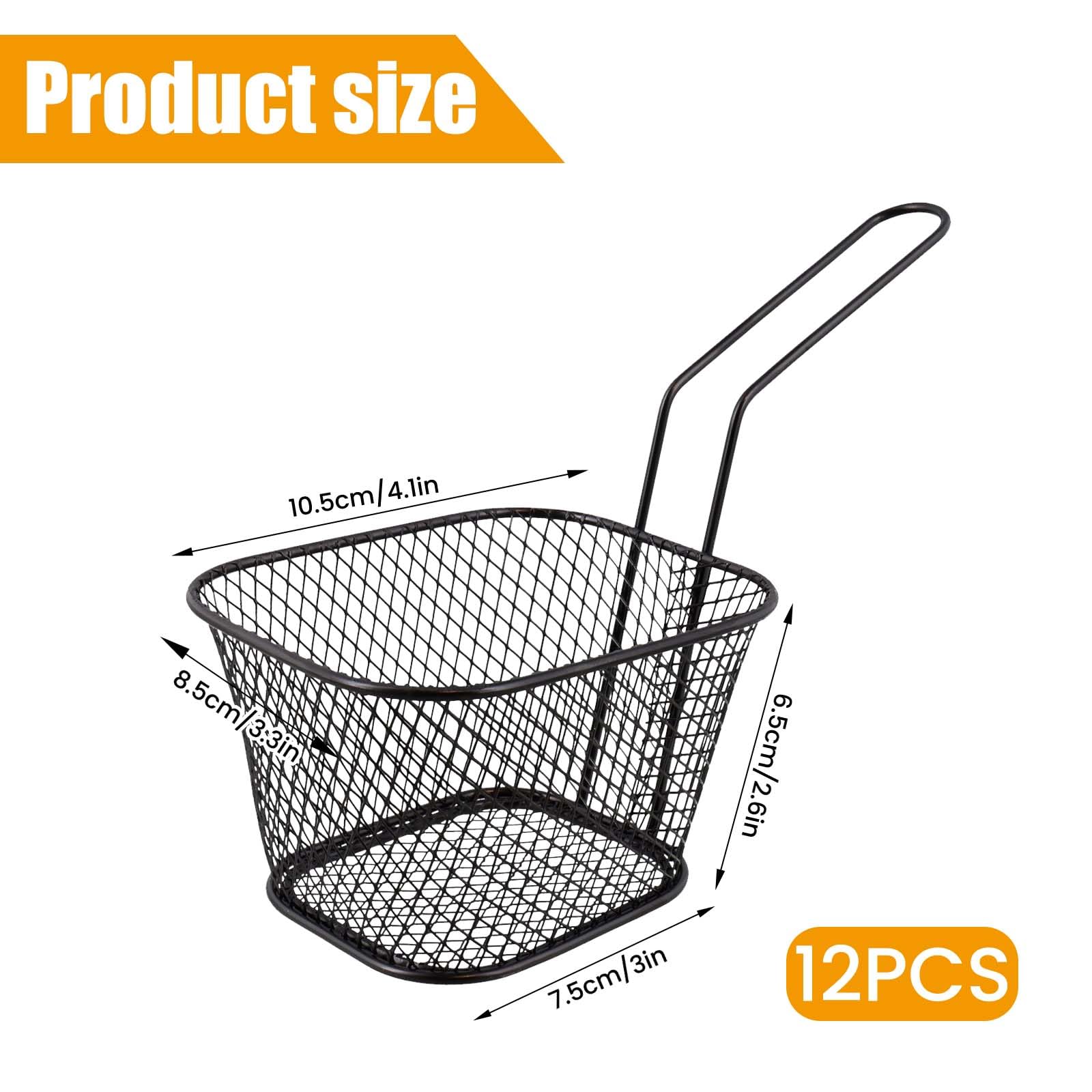 Lot de 12 petits paniers à frites en acier inoxydable avec poignée - Noir - Panier de service pour frites, crevettes, rondelles d'oignon