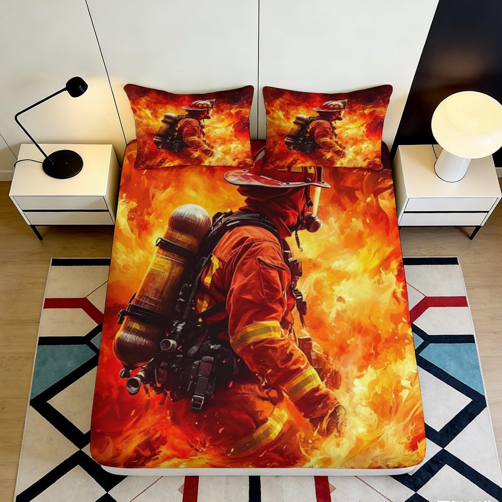 Pnayamiorkfel Style-1 3D Printed Firefighter Flame Fitted Sheet Microfiber Soft Touch Fire Scene Bed Cover For Bedroom Dorm Decor Protection 90X200x25cm
