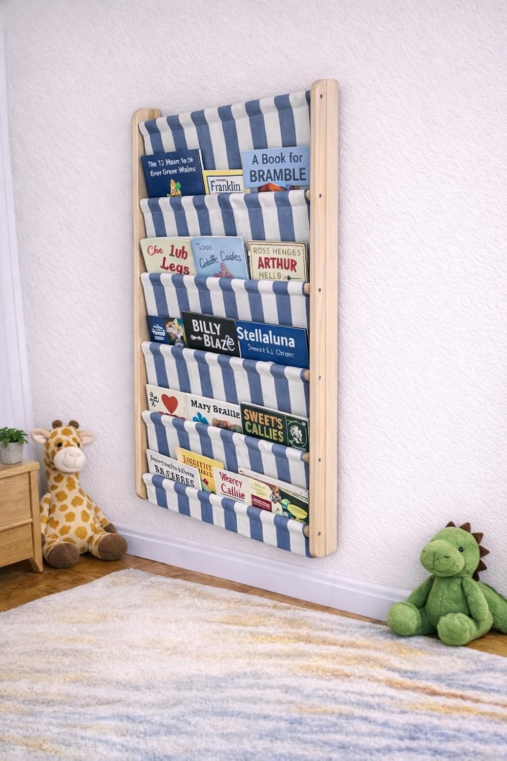 Montessori 5 Tier Canvas Pocket Wall Mounted Bookshelf, Re-Washable Soft Fabric Kids Book Rack with Deep Pockets, Wooden Nursery & Playroom Book Organizer, Space Saving Behind Door Shelf (Blue)