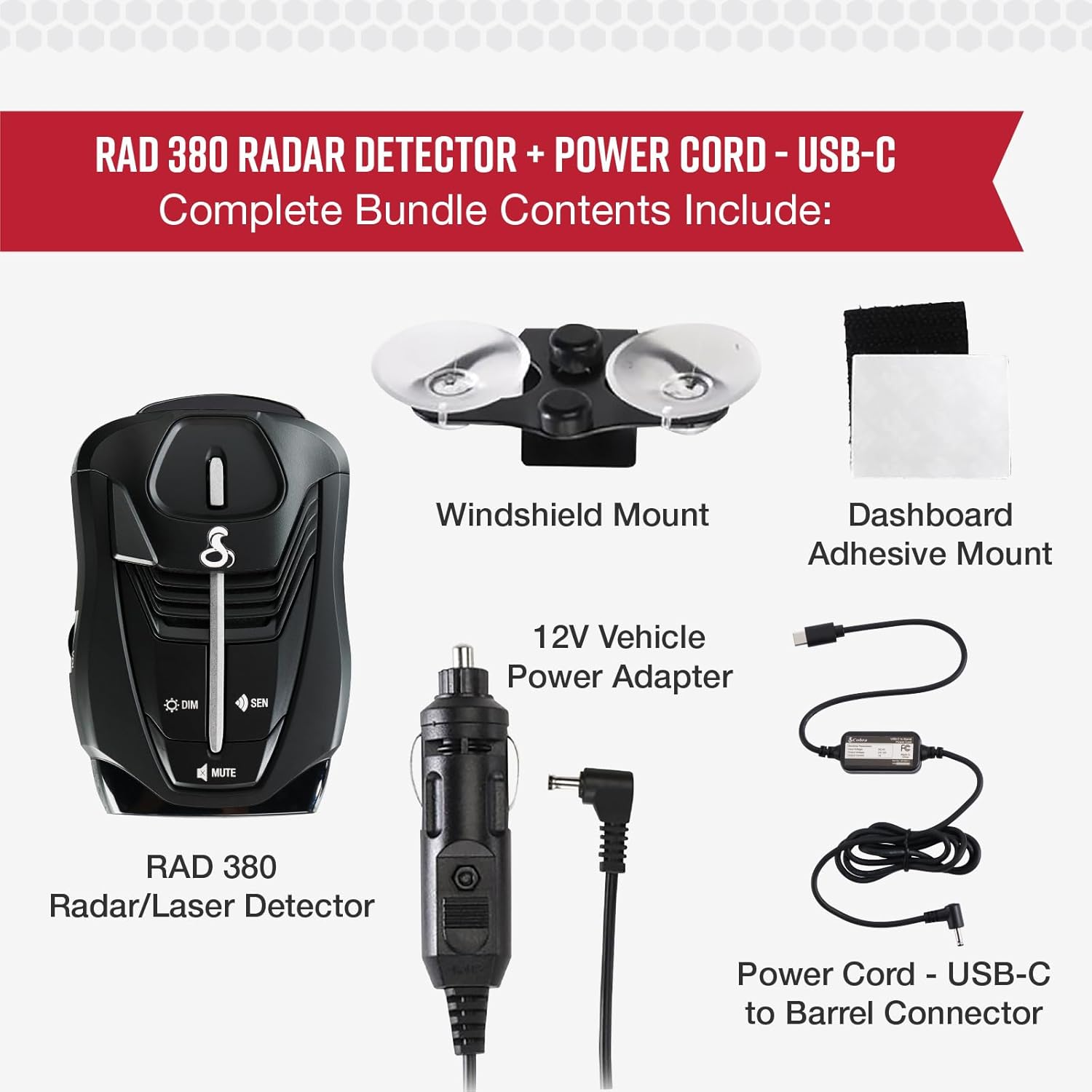 Cobra RAD 380 Laser Radar Detector + USB-C Power Cable Bundle – Long Range Detection, LaserEye Front and Rear Detection, IVT Filtering, Adjustable Sensitivity, Digital Signal Processing, Black