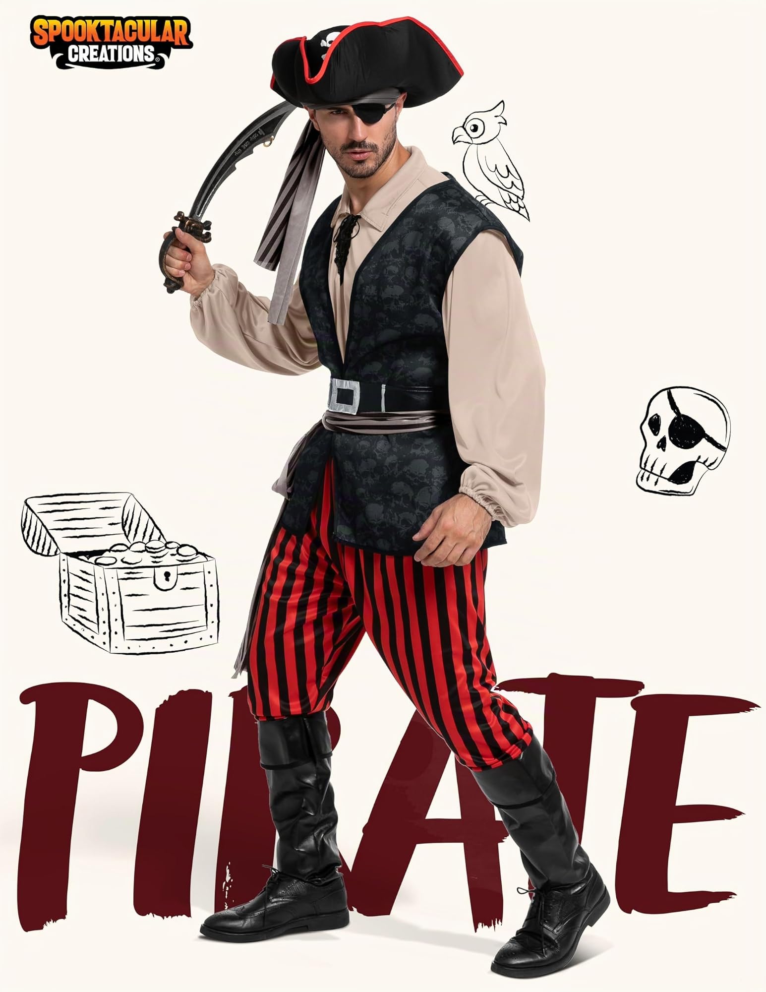 Spooktacular Creations Spooktacular CreationsCostume da pirata da uomo Camicia da pirata per adulti, gilet, pantaloni vichinghi, cappello e accessori per feste a tema cosplay