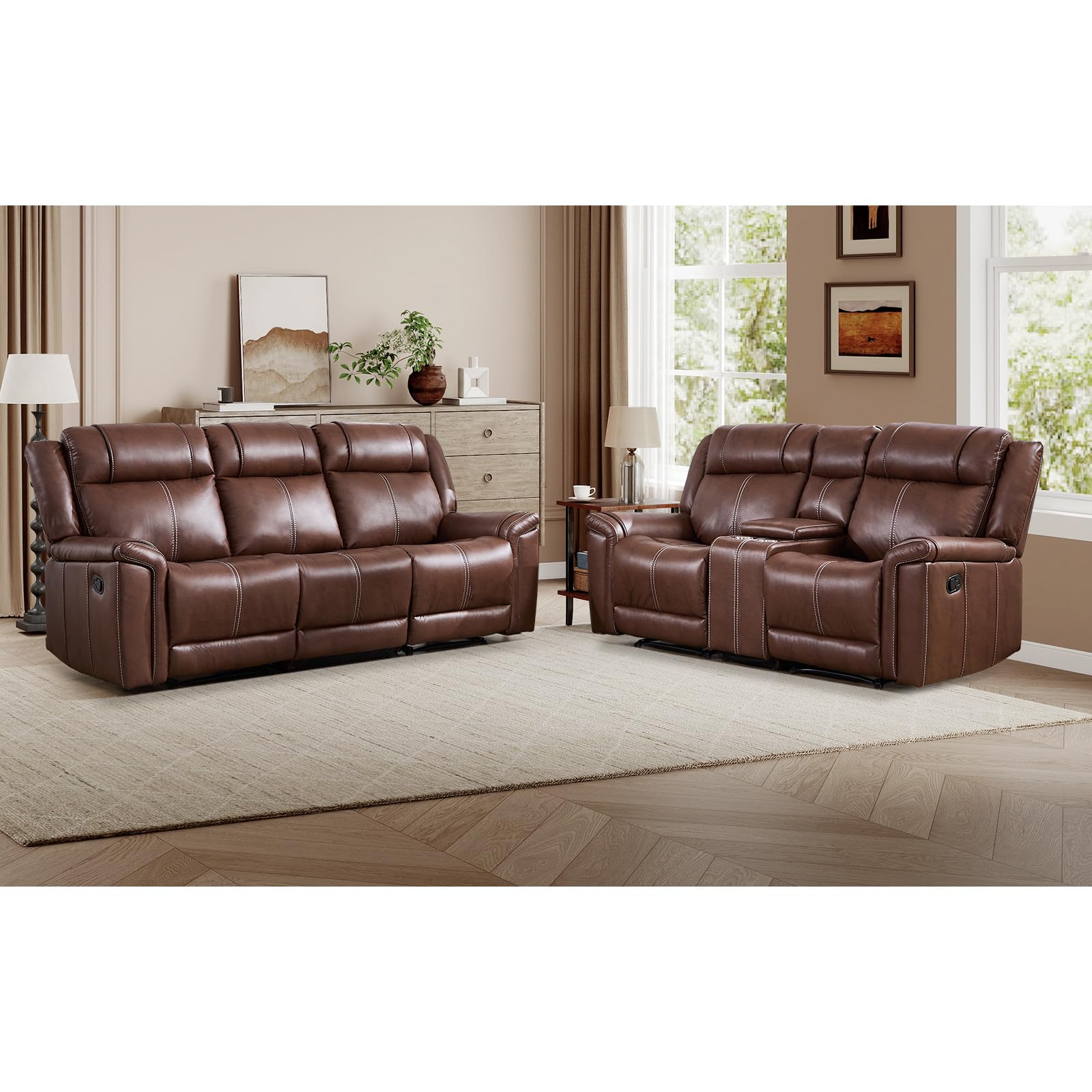 EBELLO Faux Leather Recliner Sofa Set, Includes a Manual Reclining Loveseat and a 3 Seat Couch, Mid-Century Modern 5-Seater Furniture Set with Cup
