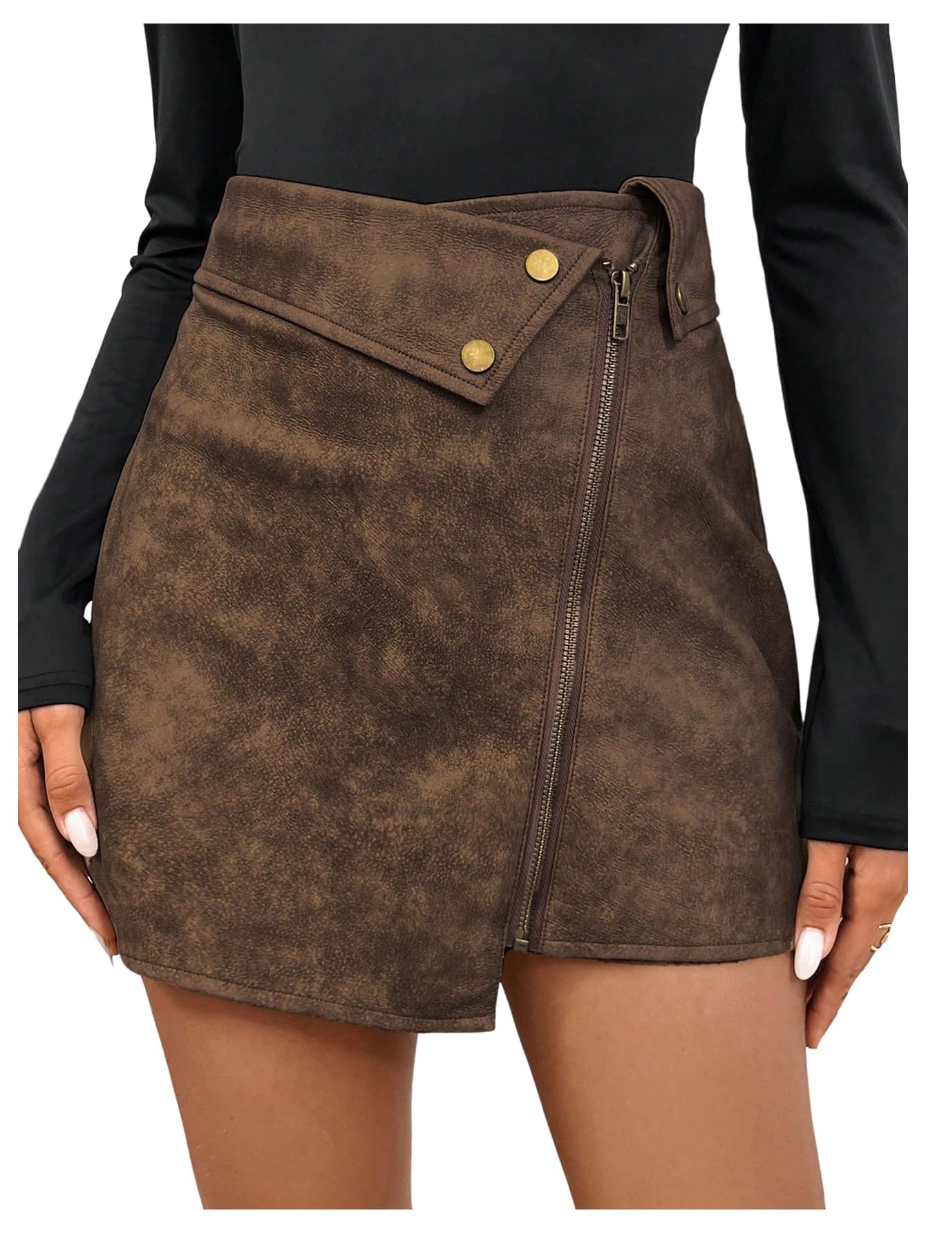 Floerns Womens Vintage Leather Skirts Zip Up High Waist Asymmetrical Hem Mini Skirts