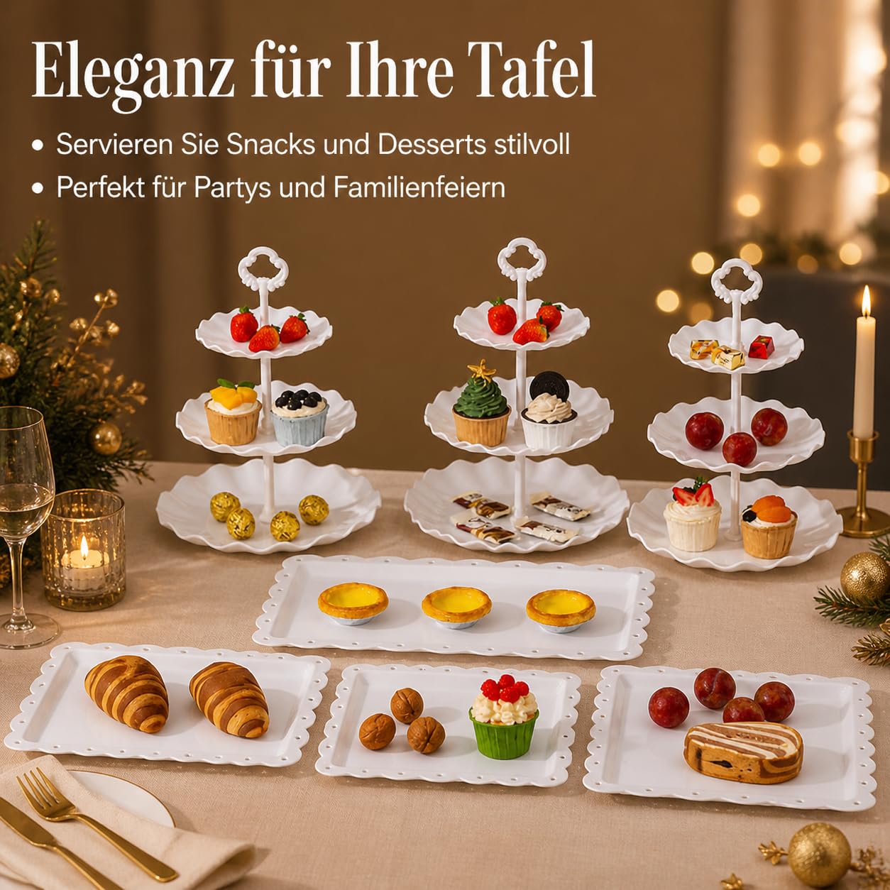 Alzatina Cucina a 3 Piani, Vassoio da Portata Rettangolare per Dolci e Frutta, Alzate per Buffet e Feste, Supporto per dessert a 3 livelli con 2 vassoi rettangolari e 2 vassoi quadrati