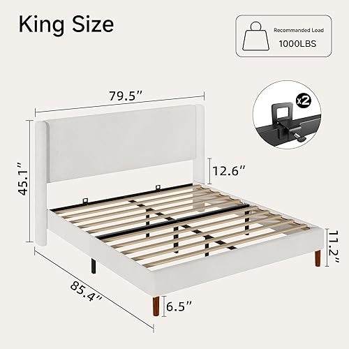 Miniatura 2 de Base de cama King Boucle con cabecera tapizada con respaldo de ala, fuerte soporte de listones de madera, sin ruido, no necesita somier, fácil