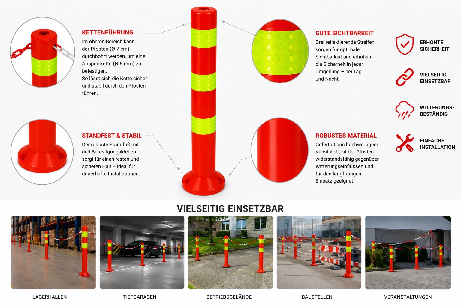Juego de 6 postes de bloqueo [altura de 68 cm] – Postes de barrera de plástico reflectante | Barrera con base [fijación con tornillos] | Soporte de barrera | postes de parque de color rojo | postes