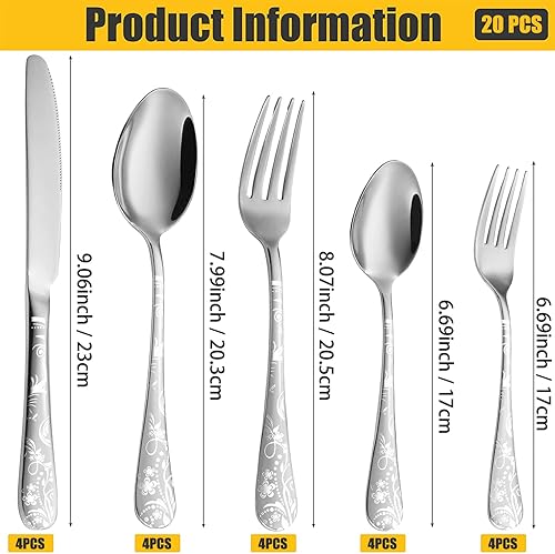Miniatura 2 de Vilihkc Juego de cubiertos con diseño único de 20 piezas, juego de cubiertos de acero inoxidable para 4, juego de cubiertos plateados, juego de