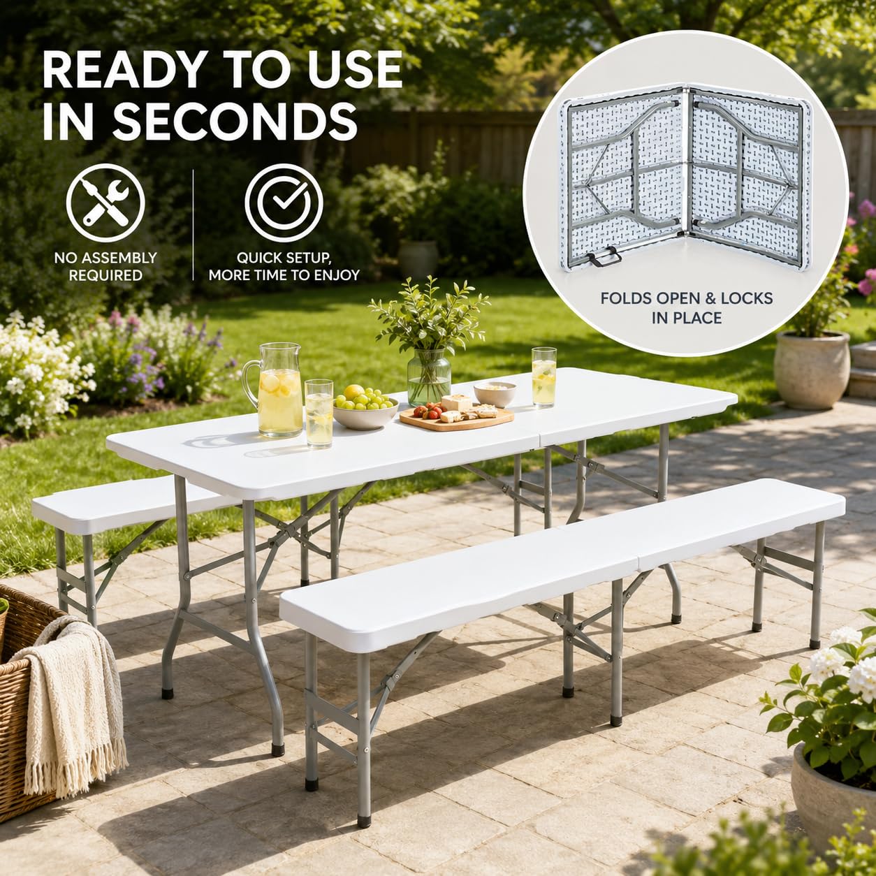 Ensemble Table 2X Banc de Jardin en Plastique Traiteur Pliante Table Buffet Picnic Plateau Camping Pliable avec Poignée en Blanc