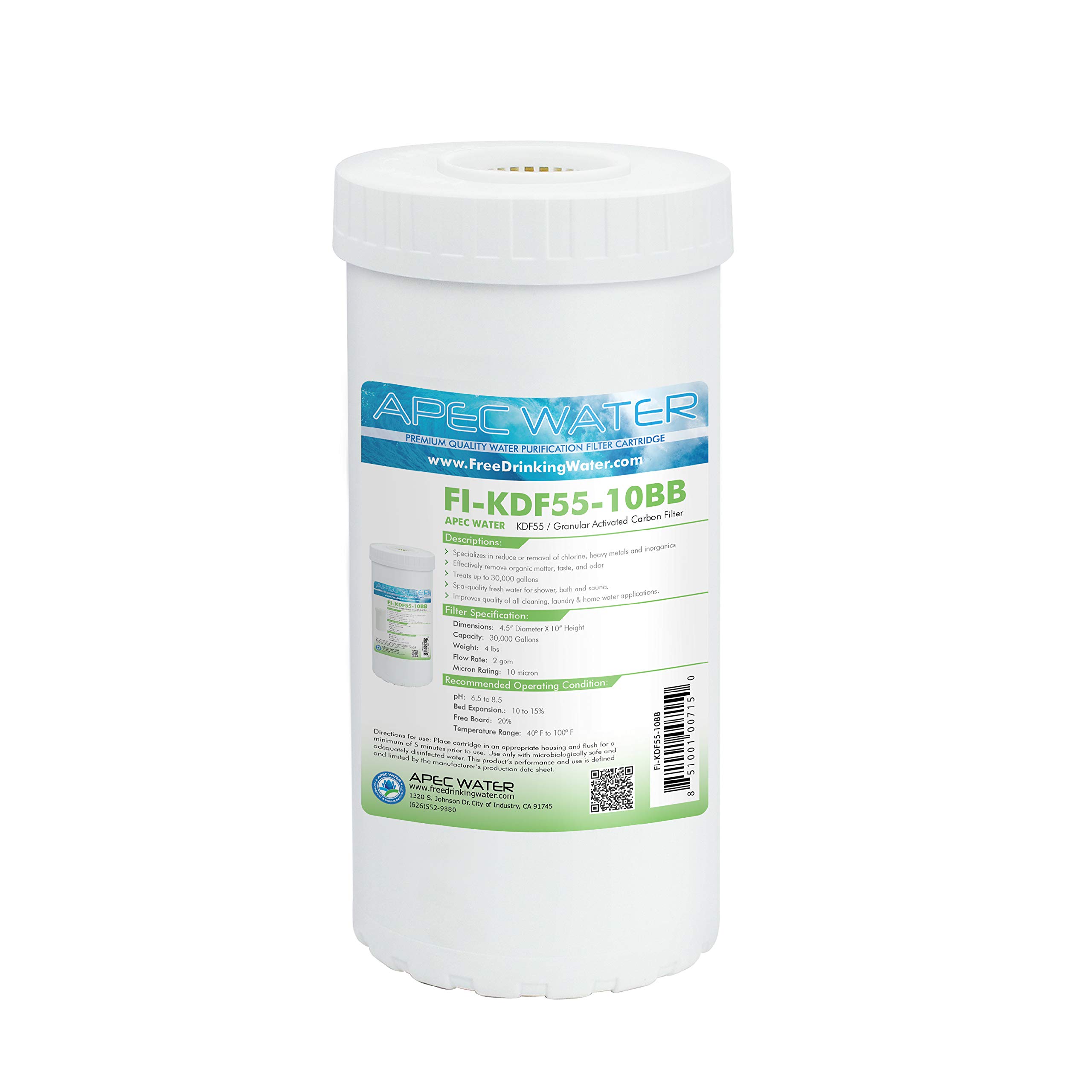APEC Water Systems FI-KDF55-10BB 10" US Made Whole House Replacement Water Filter Chlorine, Heavy Metal and Bacteria Removal, White