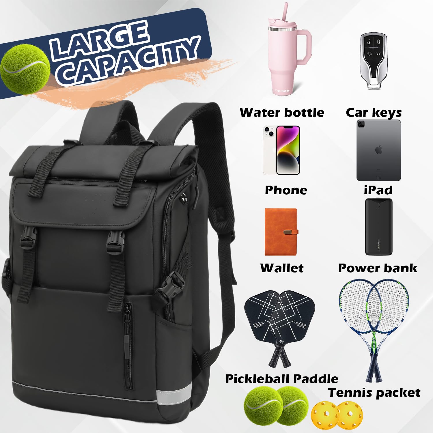 Tennistasche für Herren Damen Tennisrucksack mit Schuhfach ultra leichter Tennis Schlägertasche Padel Tasche für Badminton Pickleball Squash (Schwarz)