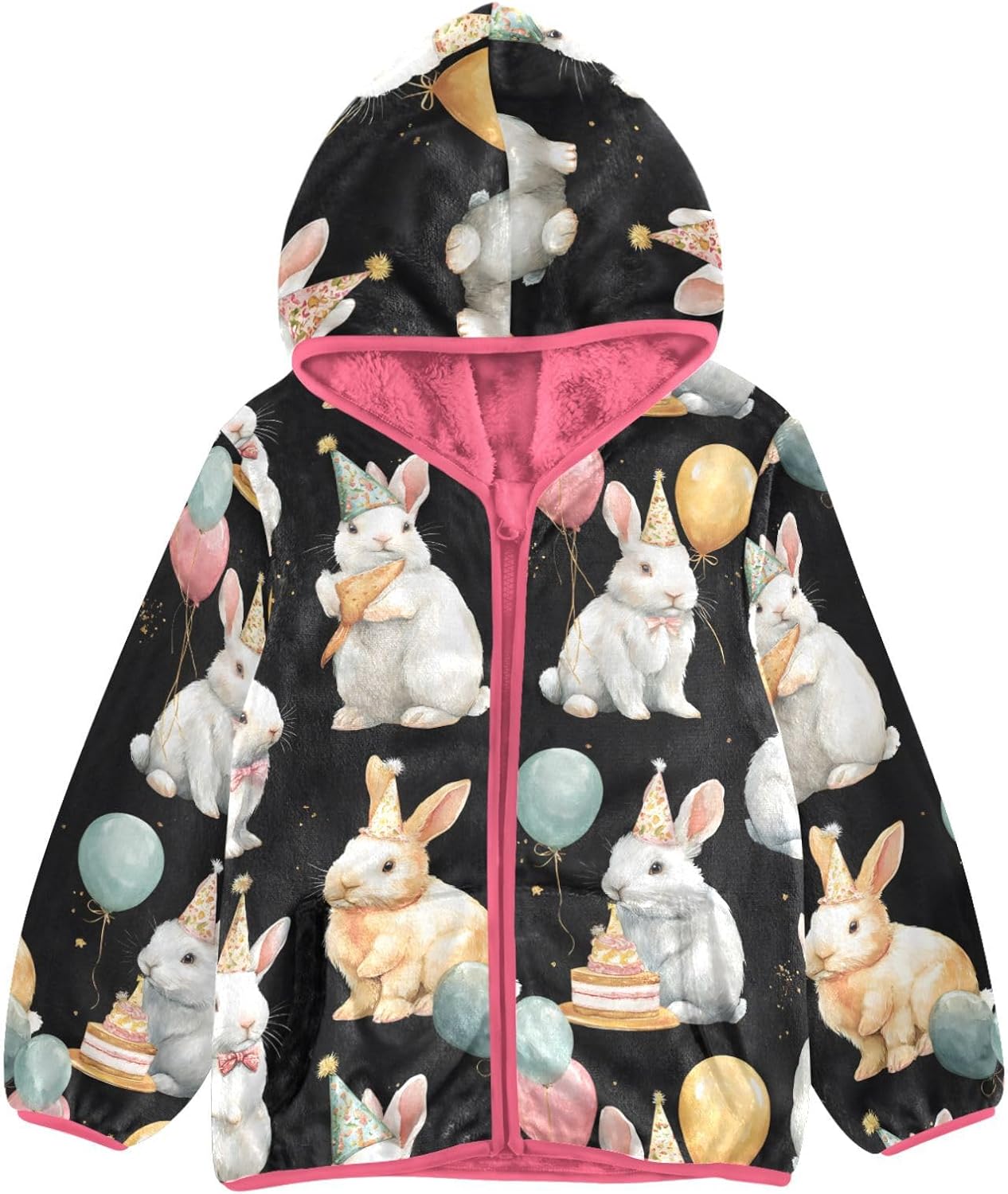 Girls Hoodie Outfit Balloon Birthday Hat Rabbit Pattern Zipper Sweatshirt Coat Fleece Jacket for Kids 3-10T