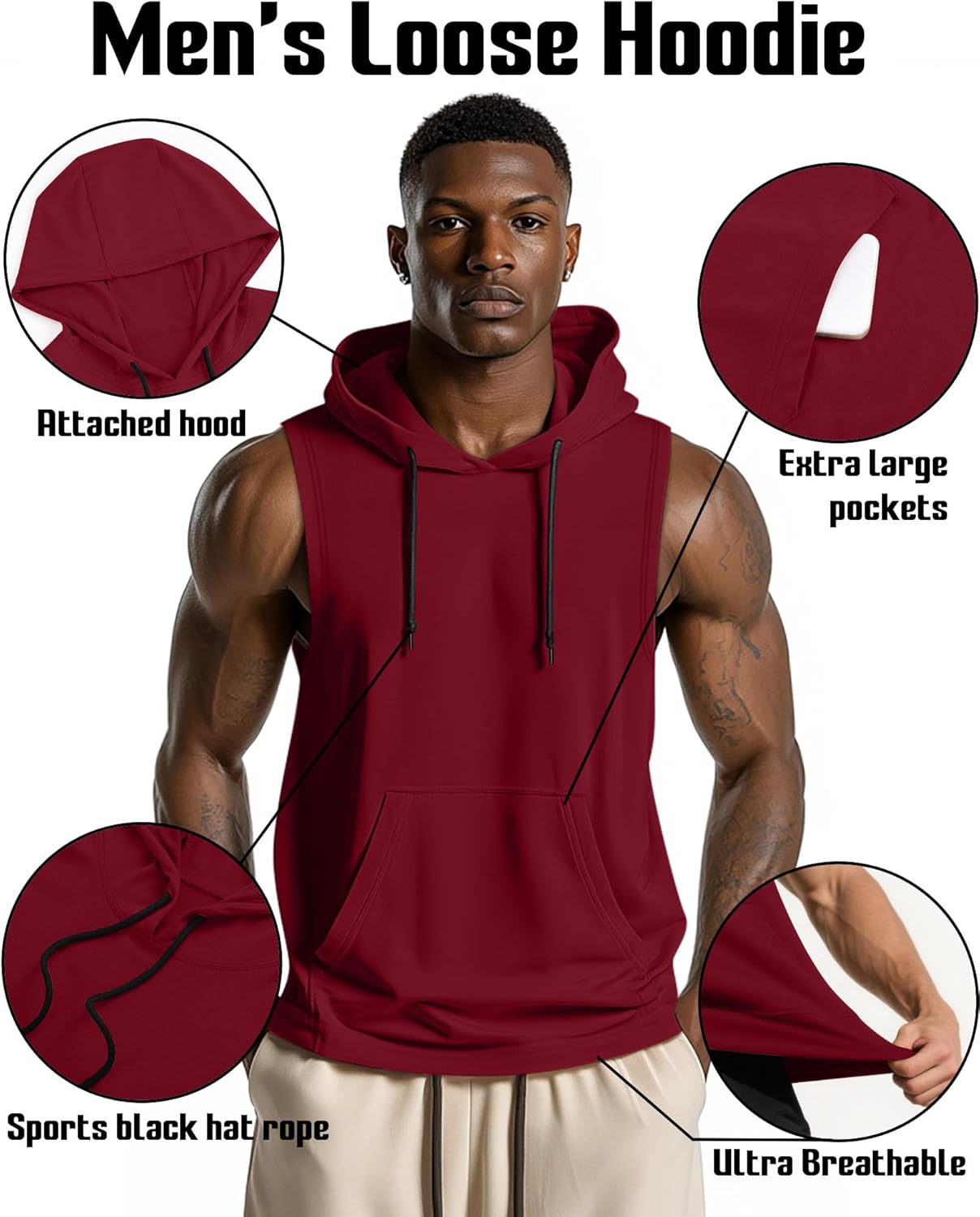 3 Pack Men's Hooded Tank Tops, Workout Sleeveless Gym Hoodie Muscle Bodybuilding Running Cut Off Shirts - Image 3