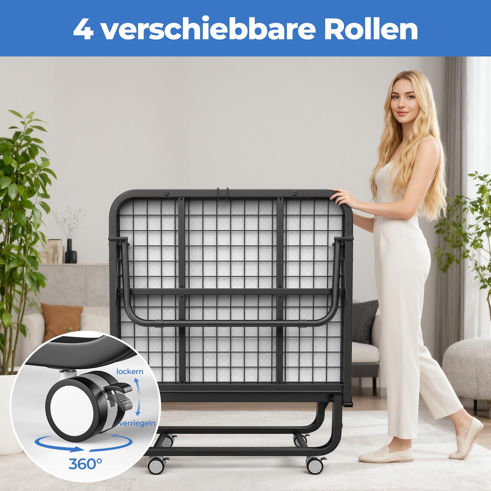 Frost IX Klappbett 97x190cm Gästebett mit 12cm Matratze, Faltbares Bett mit Rollen, Belastbar bis 205kg, Inkl. Staubschutzbeutel, Platzsparendes Gästebett für Zuhause & Camping
