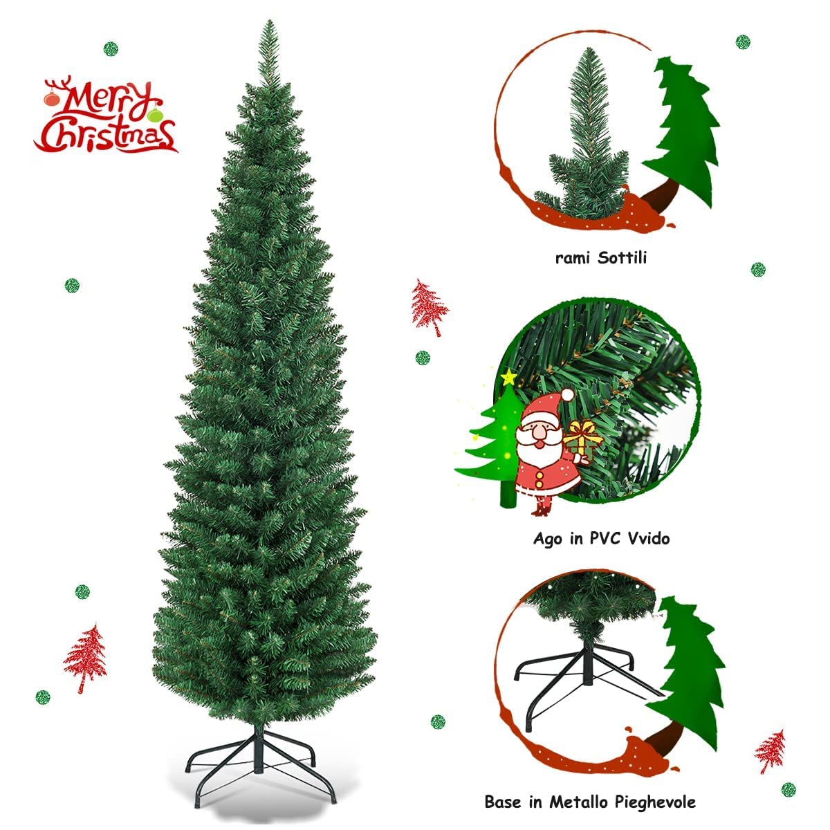 RELAX4LIFE Albero di Natale Slim 150/180/210/240 cm, Stretto e Alto, Rami Folti in PVC, Base in Metallo Pieghevole in Ferro,Albero Natale Artificiale Verde (240 cm)