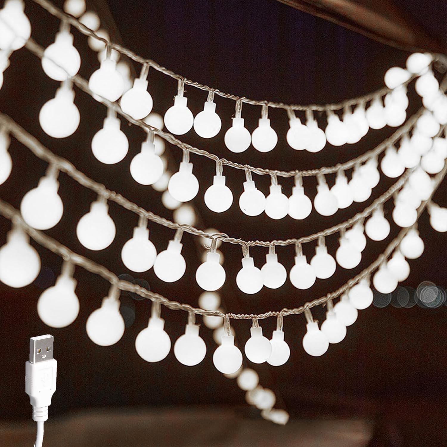 USB Fairy Lights Indoor, 6 m 40 LED Ball Fairy Lights, Warm White, LED Fairy Lights Globe Outdoor, Fairy Lights Outdoor Indoor, White Fairy Lights Balls, LED Fairy Lights Globe, for Wedding, Party