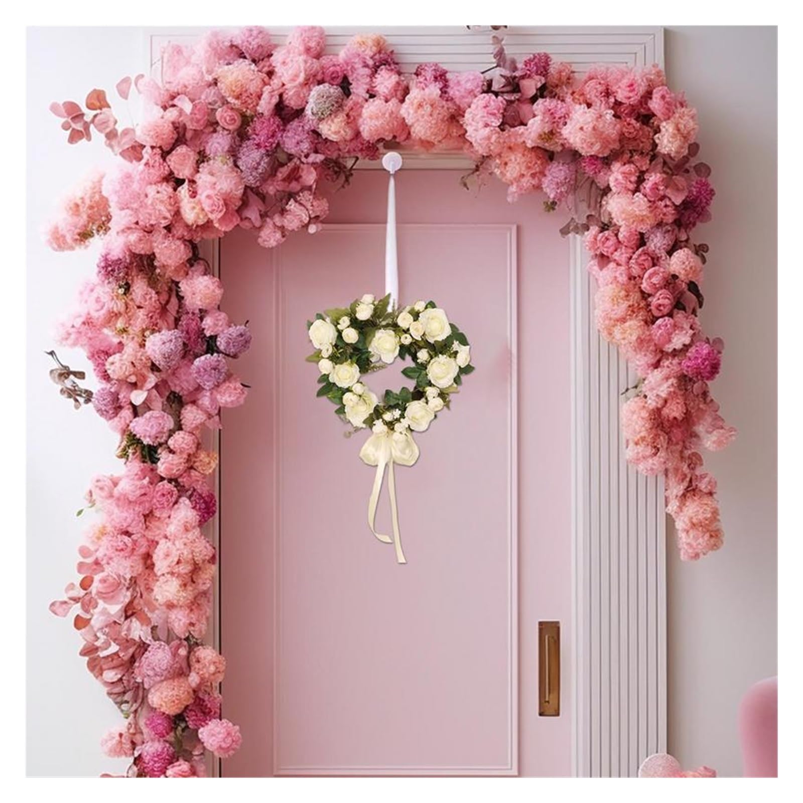 Couronne pour Porte Couronne de Roses la Saint-Valentin Printemps Florale 15,7 Pouces avec Rose Panneau Porte d'entrée Artificielle