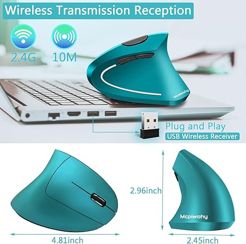Miniatura 7 de Ratón ergonómico, ratón vertical óptico recargable USB de 2.4 GHz inalámbrico con 6 botones, 3 ajustables 120016002400 DPI para laptop, escritorio,