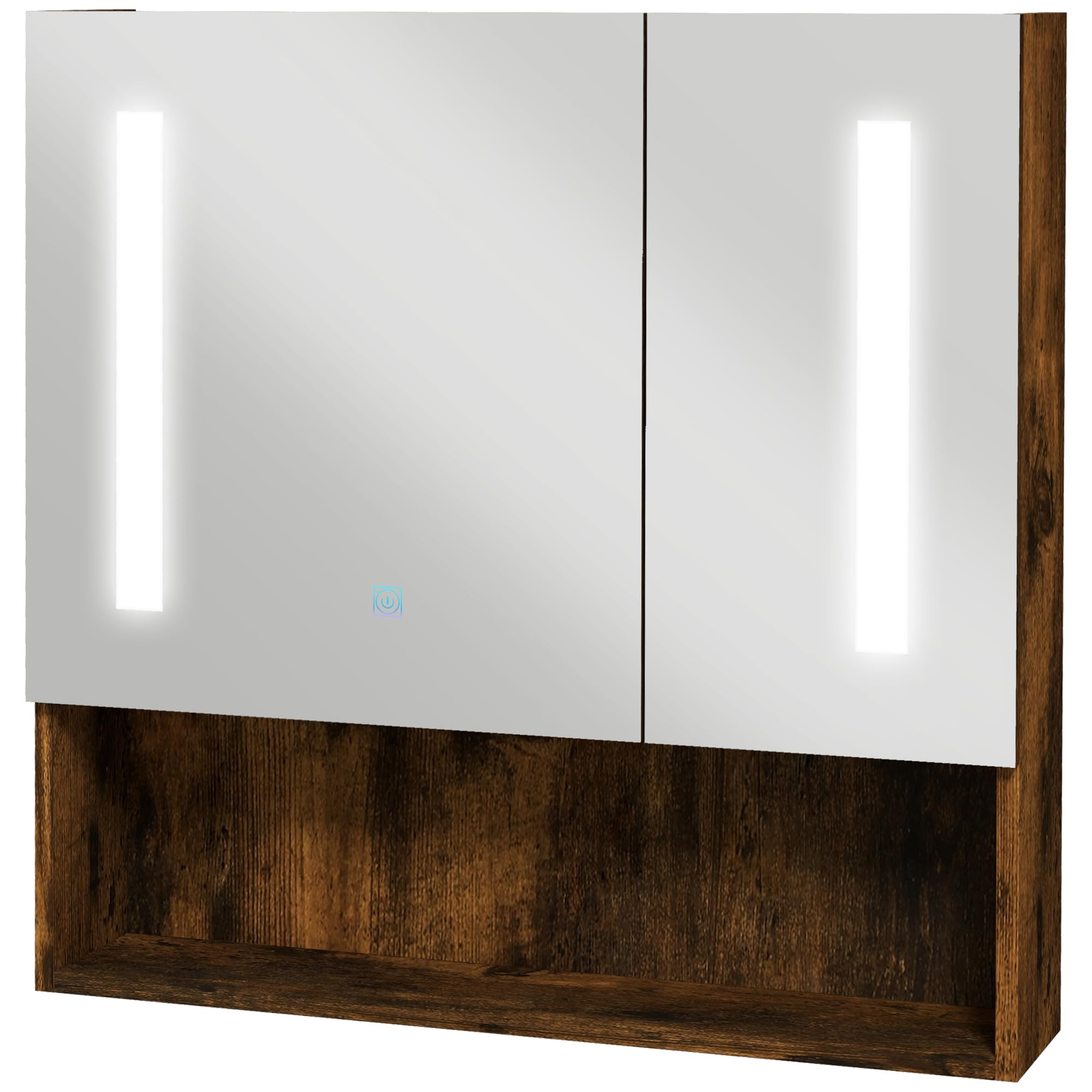 kleankin Armario de Baño con Espejo y Luz LED Espejo de Baño con Armario con 2 Puertas Interruptor Táctil Color de Luces y Estante Ajustable 70x15x70 cm Marrón Rústico