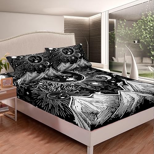 Miniatura 3 de Juego de ropa de cama bohemia, sábana bajera ajustable de sol y luna, tamaño matrimonial, sábanas bohemias de galaxia Yin y Yang exóticas tribales