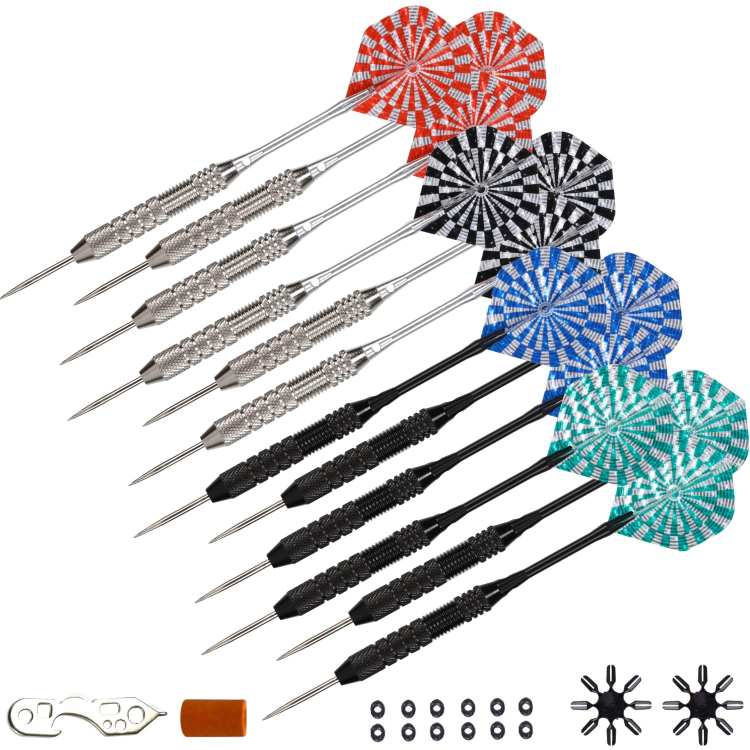 Jeu De 9 Fléchettes En Acier 24g - Arbres Aluminium, Pointes Colorées - Pour Bar, Salle De Jeux, Débutants Et Joueurs Confirmés