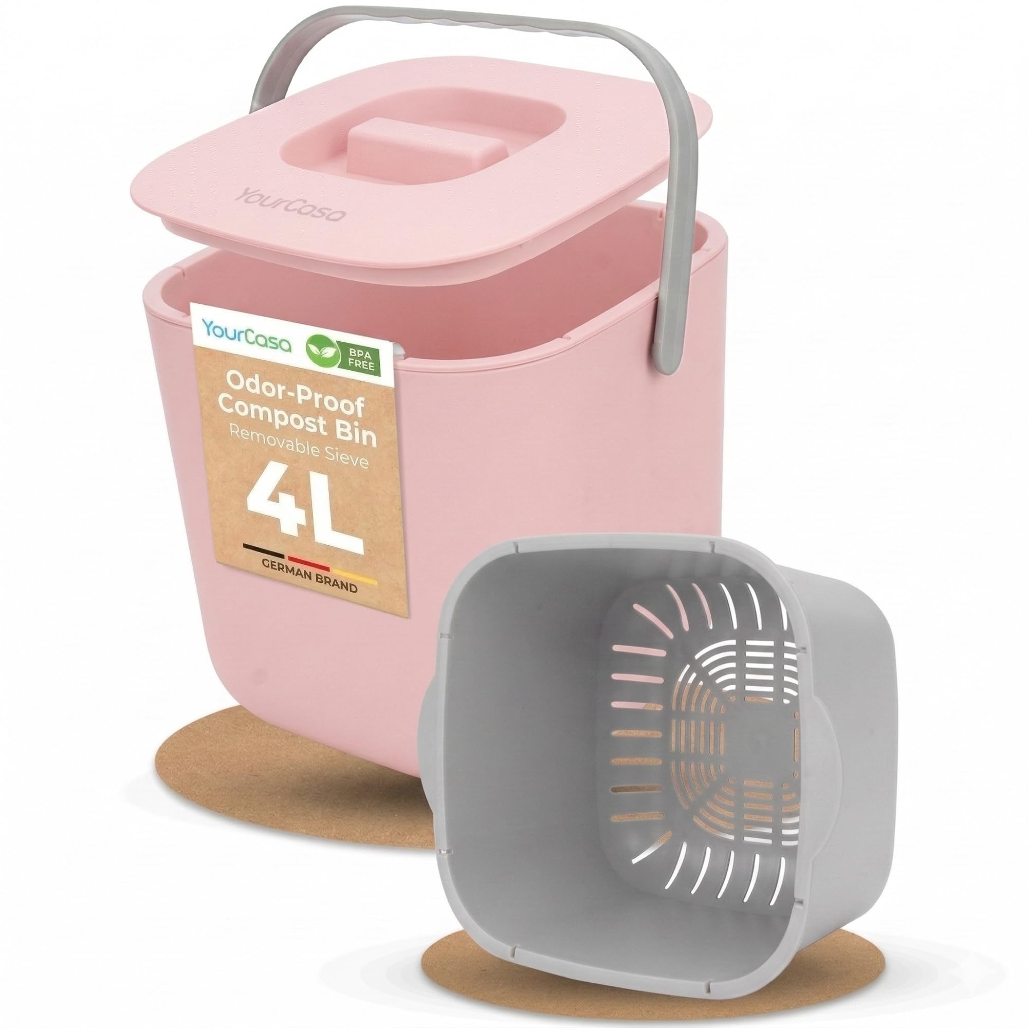 YourCasa Organic Kitchen Waste Bin - 4 L - Compost Bin for Everyday Organic Waste Container - Dishwasher Safe - Odourproof - Strainer - Organic Waste Bin Small with Lid Bucket Organic Waste Container