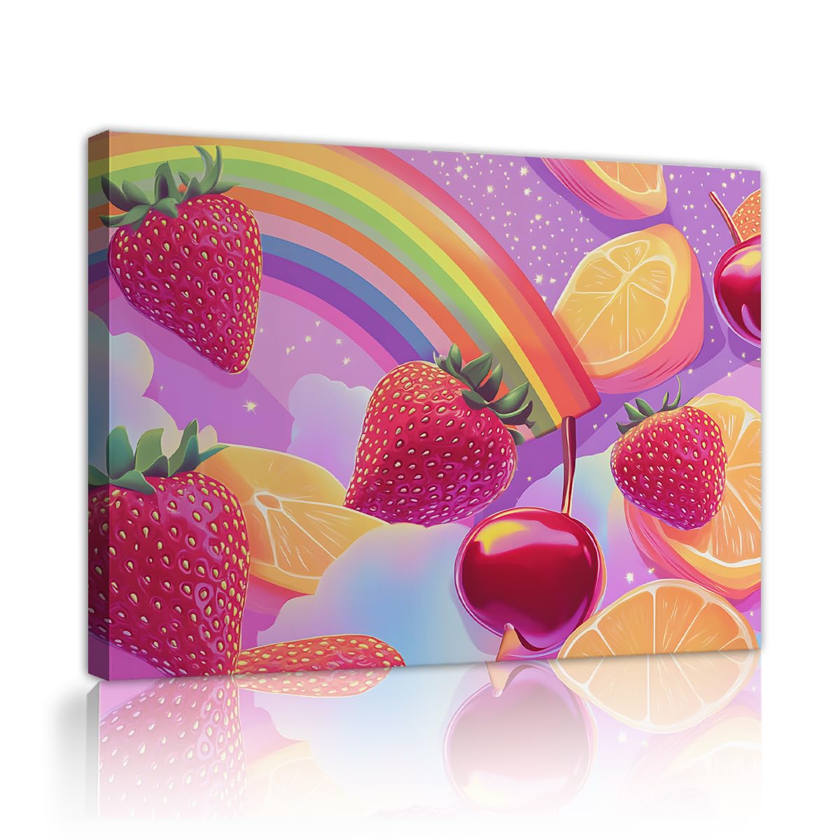 TOANGWALL Fruit Strawberry Wall Art Kitchen Cute Rainbow Framed Canvas Prints Sweet Bright Cartoon Poster Illustration for Nursery Decor 50x60cm