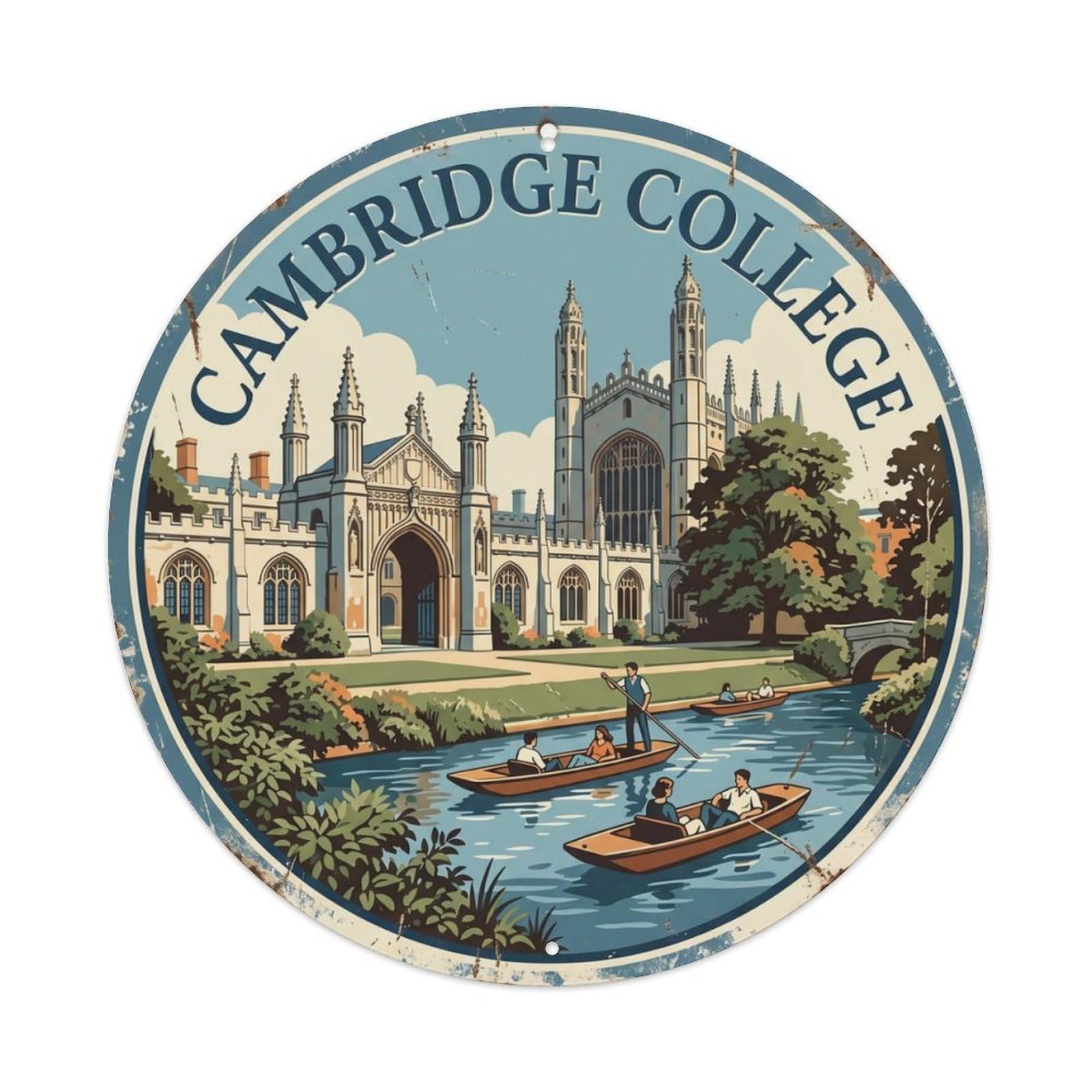 Fqcyn Style Vintage Travel Cambridge College England Metal Tin Sign Plaque Wall Decor For Cafe, Club Bar, Office, Home Garden Round Metal Poster 8X8inch