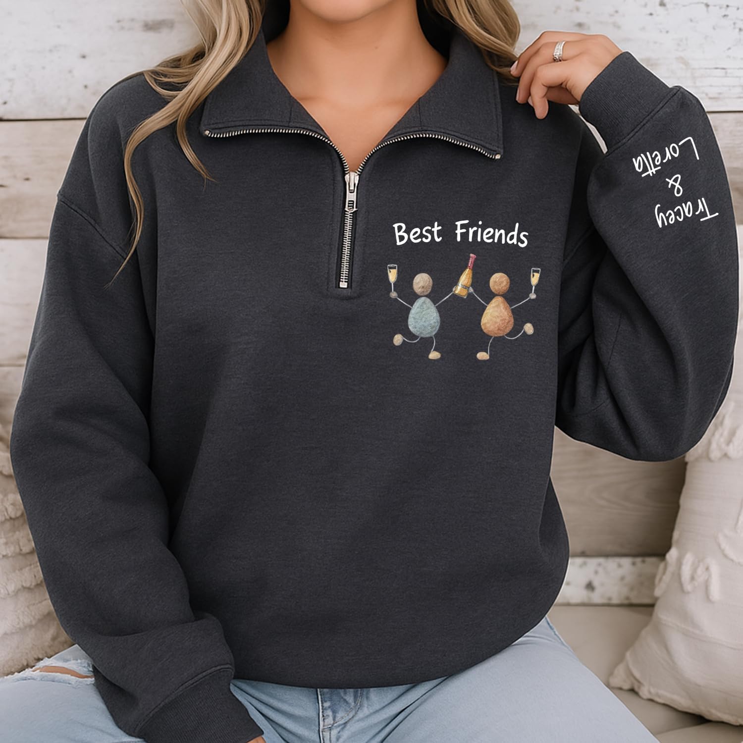 Personalized Best Friends Quarter Zip Sweatshirt, Custom Bestie Pullover with Names - Image 2