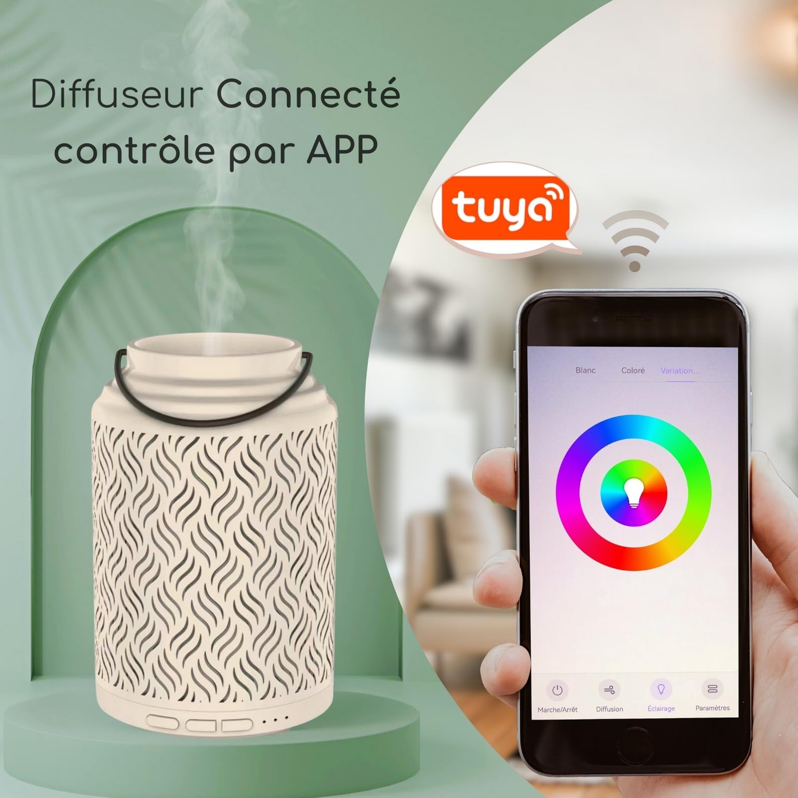 Zen'Arôme Diffusor für ätherisches Öl, WLAN Venedig – elektrischer Diffusor, kompatibel mit Alexa/Google Home – vollständige Kontrolle über die App Tuya Smart – natürliche Materialien Holz und Keramik
