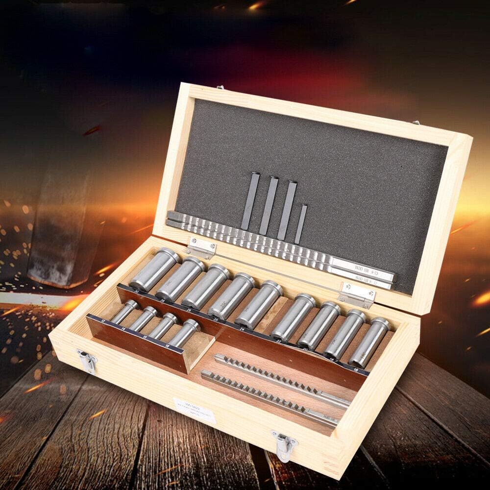 22 PCS Keyway Broach Kit, Metric Size Metalworking Tool Round Bushings Collared Bushing Shim Set Metric Size 4 Pcs Broach & 13 Collared Bushing & 5 Gaskets with Tool Box for Cutting Keyways